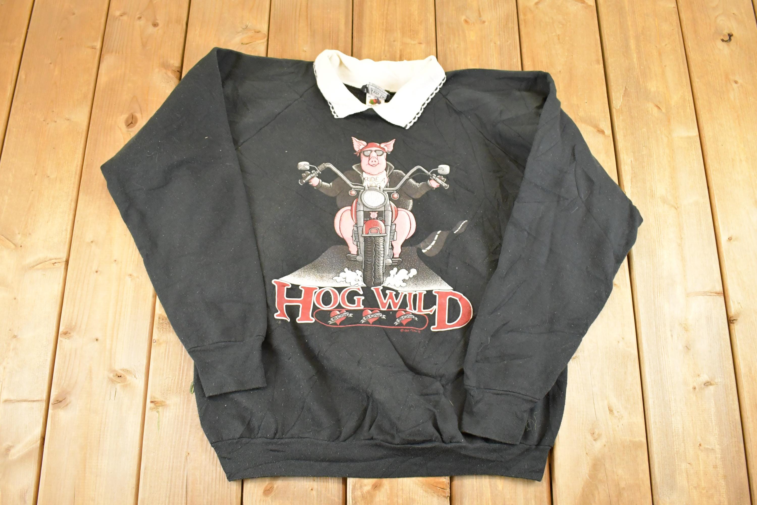 Vintage 1990s Hog Wild Piggy Motorcycle Souvenir Collared Crewneck Sweatshirt Womens L  90s Crewneck  Travel Vacation Sweater