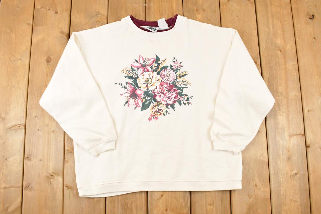 Vintage 1990s Basic Editions Floral Graphic Print Double Collar Crewneck Sweatshirt Womens L / Made In USA / 90's Destination Sweater
