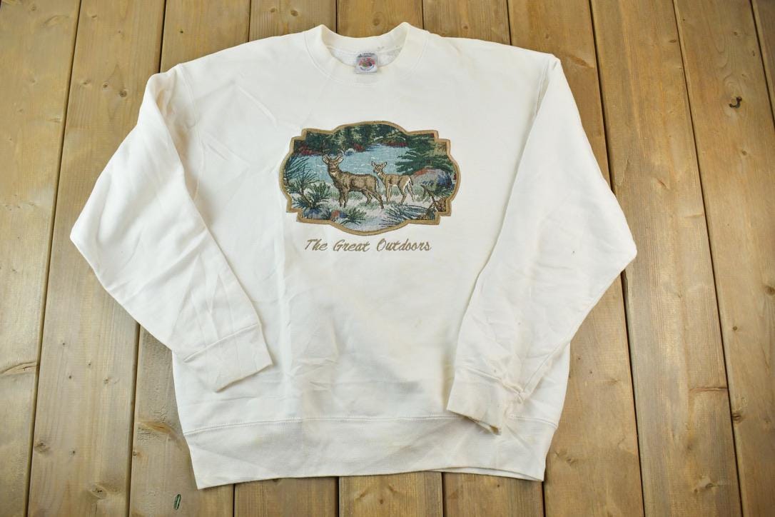Vintage 1990s Deers The Great Outdoors Crewneck Sweatshirt / Embroidered Deers / Nature Sweater / Animal Sweater