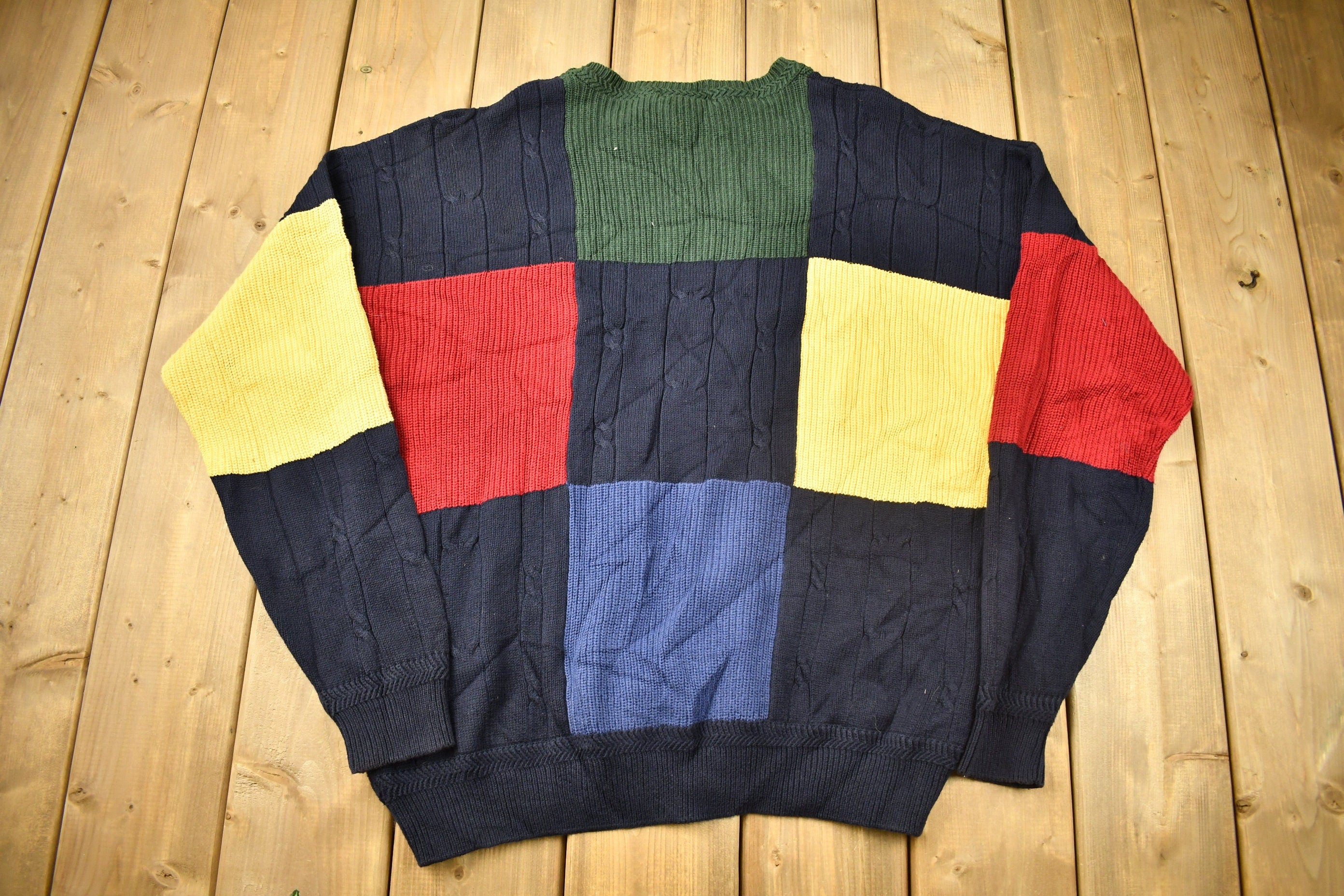 Vintage 1990s Nautica 3D Cable Knit Crewneck Sweater / Vintage 90s Crewneck / Color Block Pattern / / Streetwear / Colorful