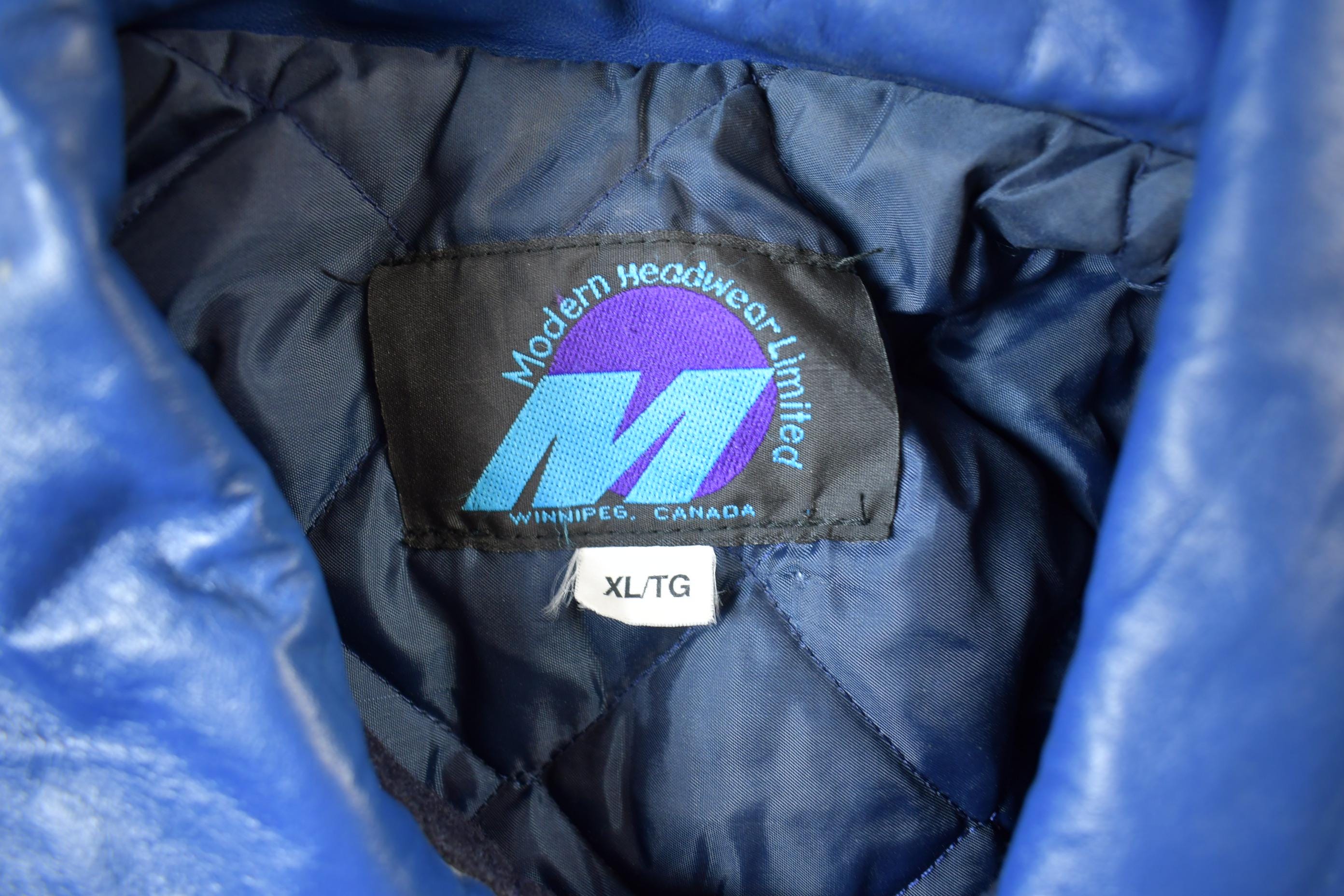 Vintage 1990s Manitoba Hydro Embroidered Logo Leather & Wool Varsity Jacket