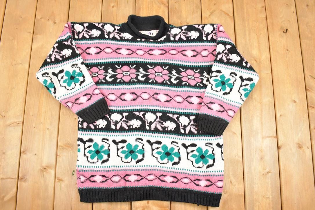 Vintage 1990s Cut 4 U Abstract Floral Print AOP Knit Crewneck Sweater Women's L / 90s Knitted Sweatshirt / Vintage Preppy Knits