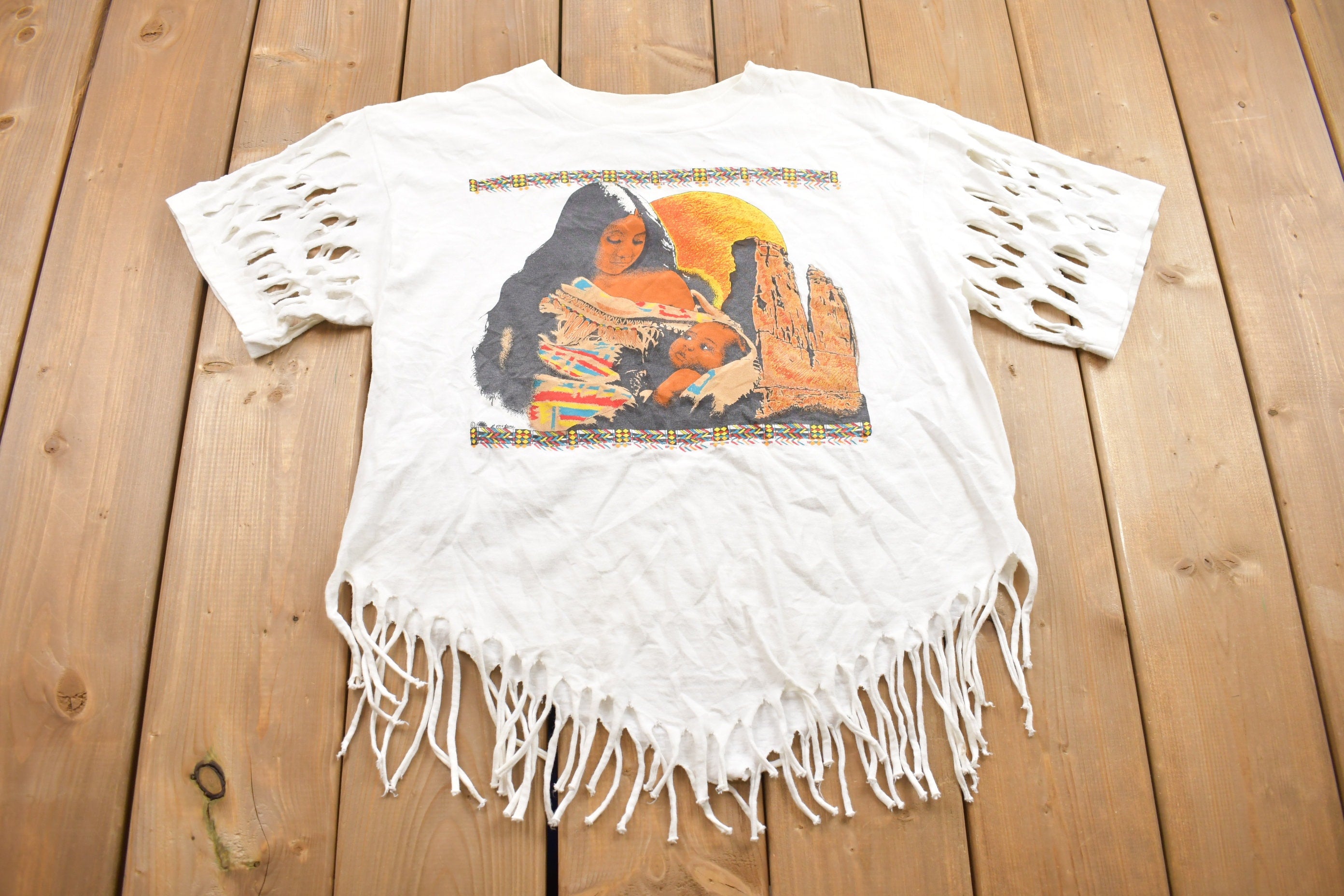Vintage 1990s Cut Up Design Indigenous Art Work Graphic Cropped T Shirt