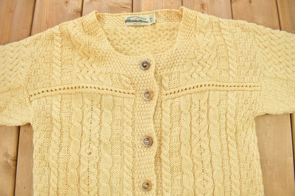 Vintage 1990s Aran Crafts 100% Wool 3D Cable Knit Cardigan Sweater