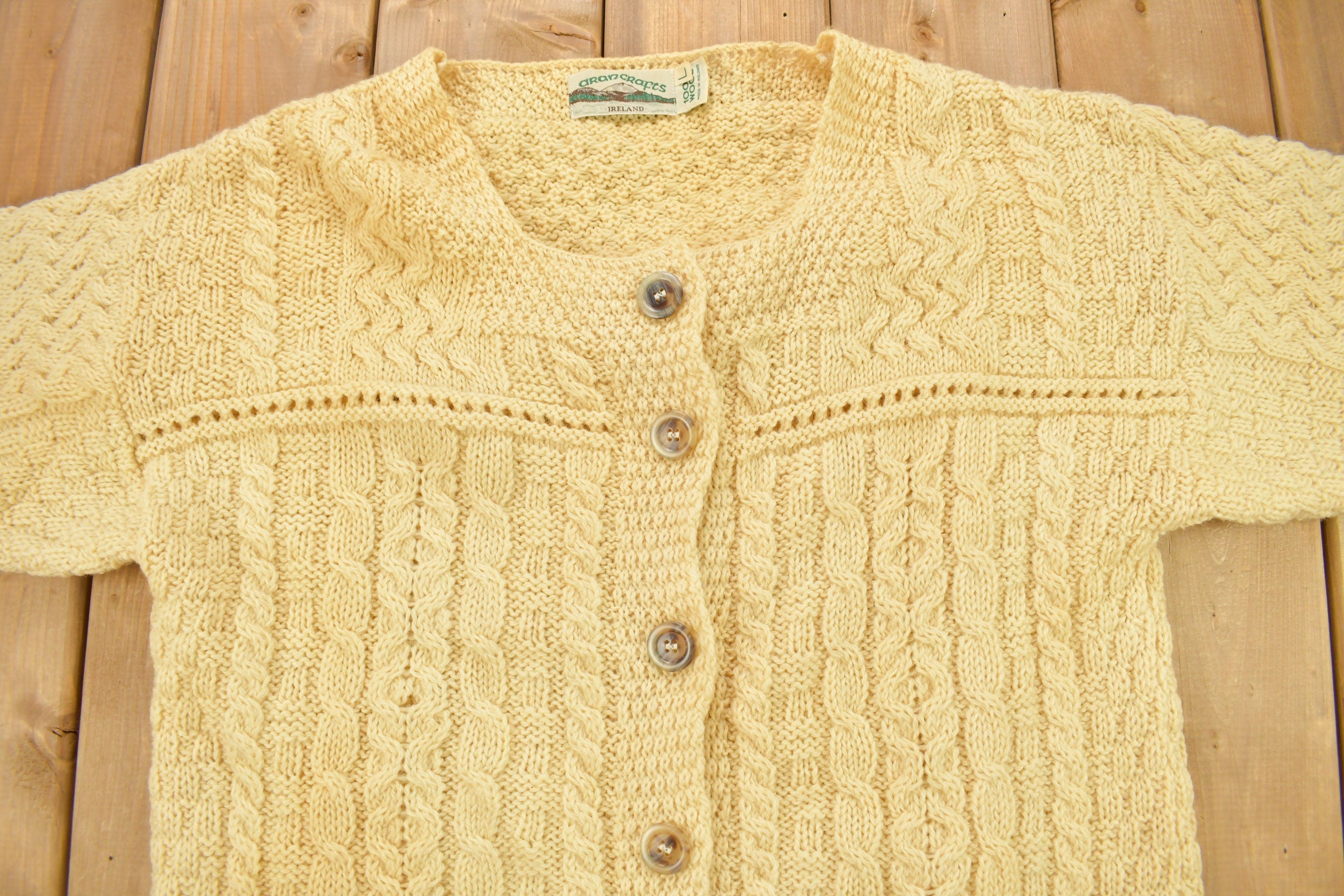 Vintage 1990s Aran Crafts 100% Wool 3D Cable Knit Cardigan Sweater