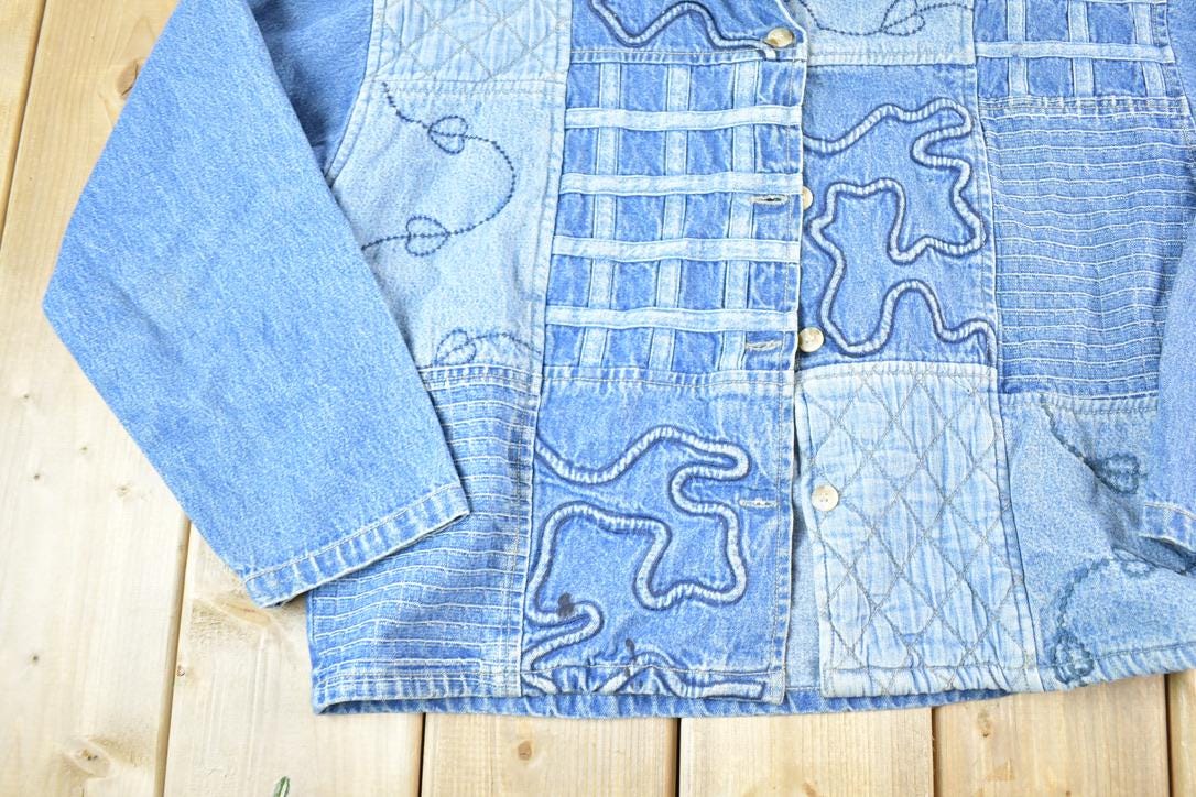 Vintage 1990s Lifestyle Denim Abstract Patchwork Button Up Shirt Women's XXL / Vintage Button Up / Preppy Button Up / Vintage Dress Shirt
