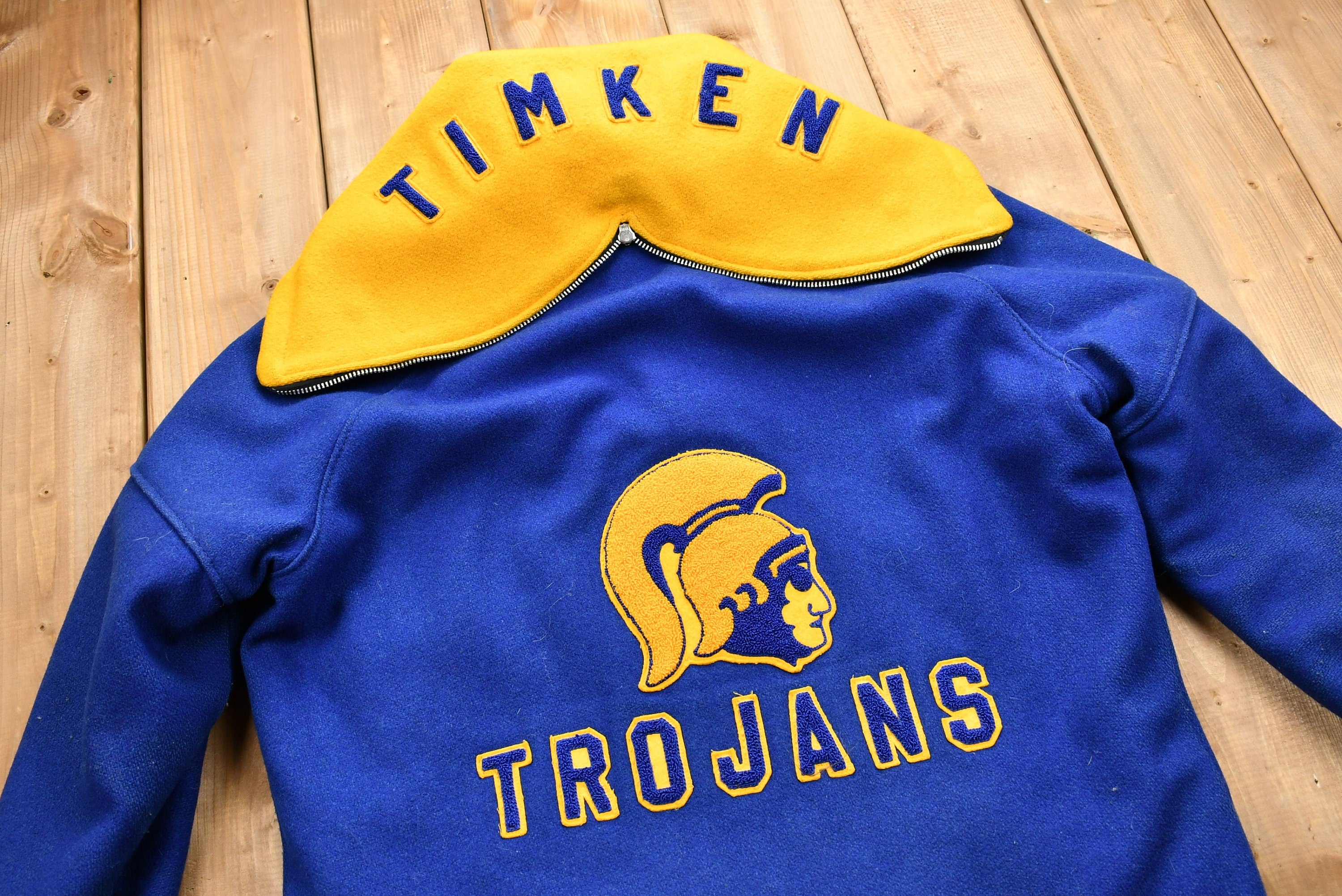 Vintage 1970s Timken Trojans Janet #80 Letterman Zip-Hood Snap Button Jacket