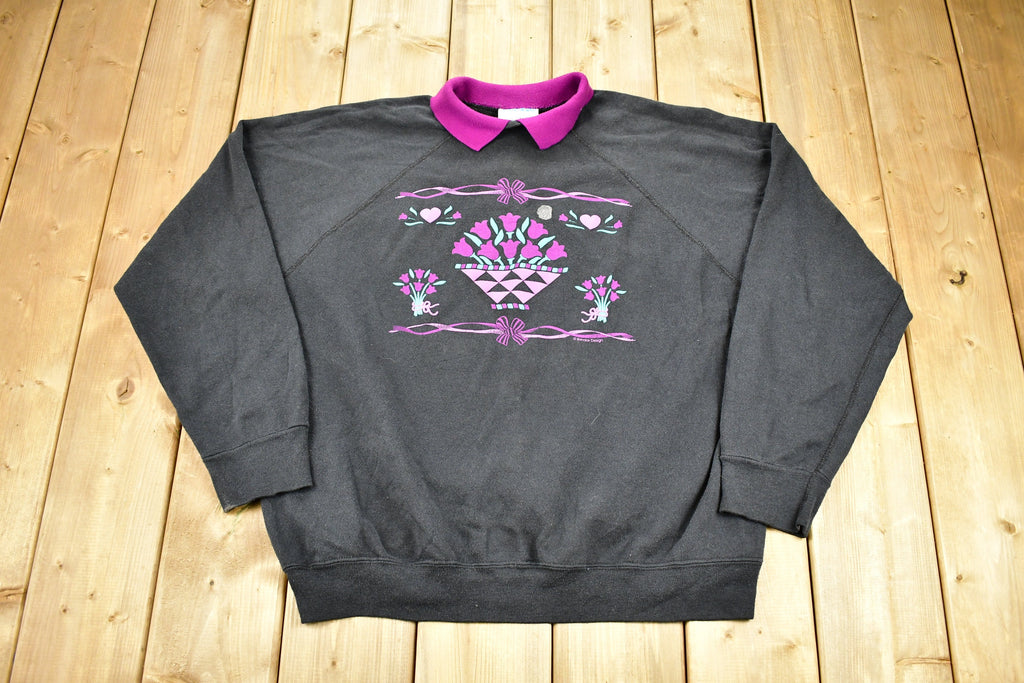 Vintage 1980s Floral Graphic Cute Collared Raglan Cut Crewneck Sweater