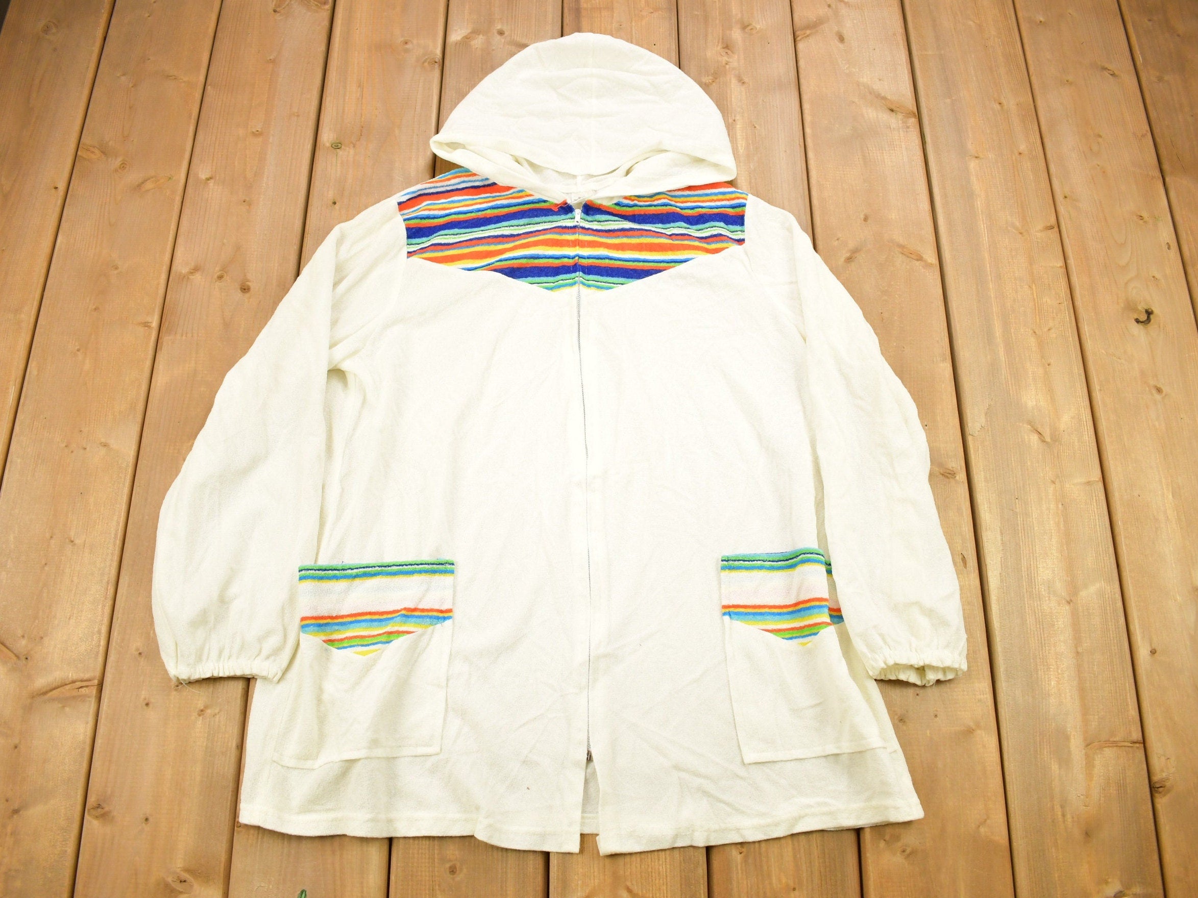 Vintage 1990s Terry Cloth Patchwork Striped Zip Up Hoodie