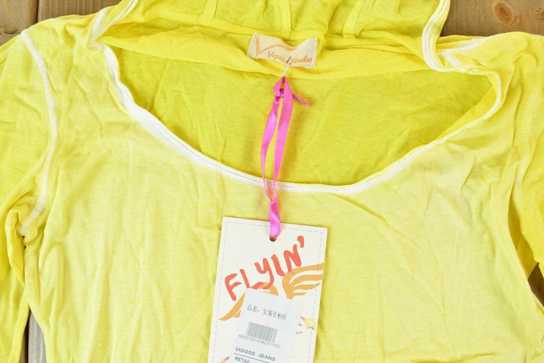 Women Vintage Vigoss Y2K Blank Yellow Hooded T-Shirt