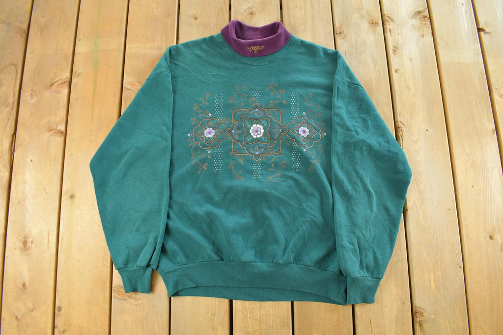 Vintage 1990s Floral Turtleneck Graphic Crewneck Sweatshirt Womens Large