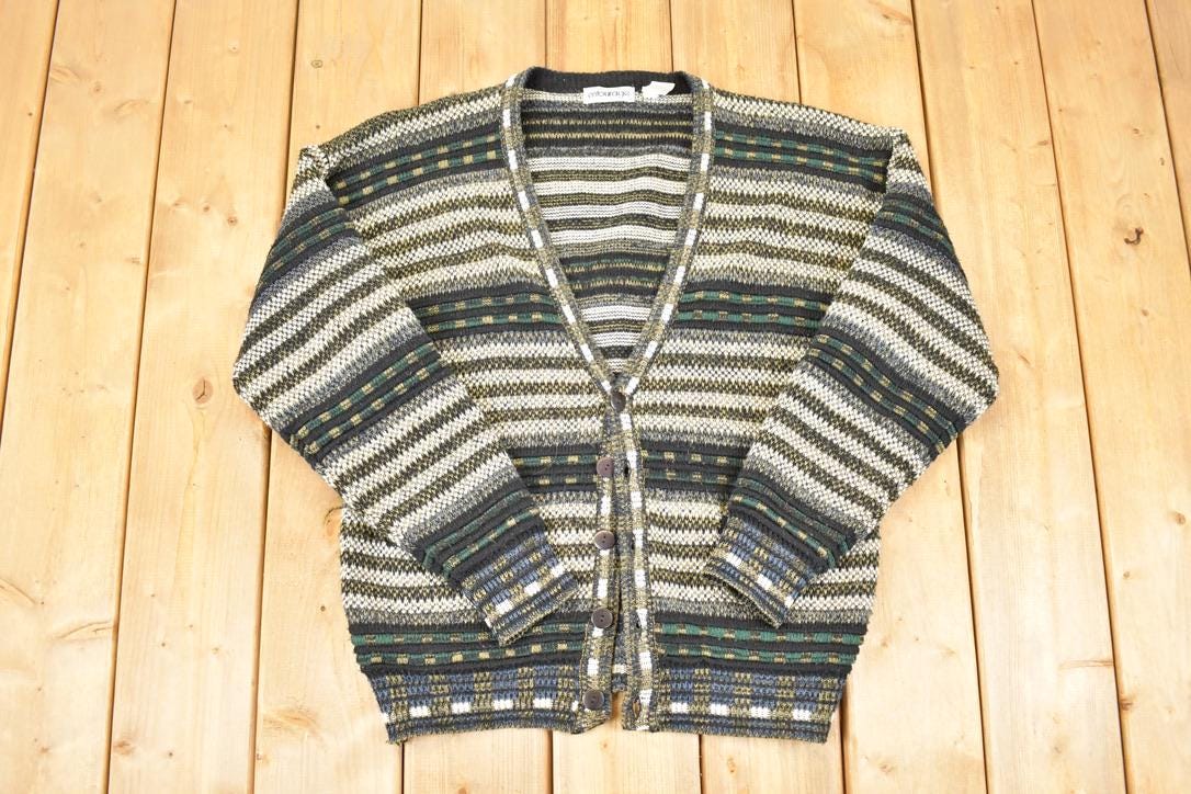 Vintage 1990s Entourage Abstract Knit Cardigan Sweater Men's L  Preppy Knit Cardigan  Fancy Knit Vintage Cardigan
