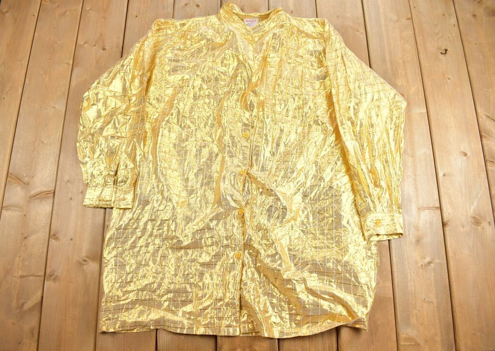 Vintage 1990s Naqui Gold Metallic Button Up Shirt Dress