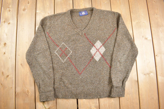 Vintage 1980s Aspetuck Trading Co Knitted V Neck Sweater / Vintage 80s V Neck / Argyle / Sweatshirt / Basic / Formal / Preppy