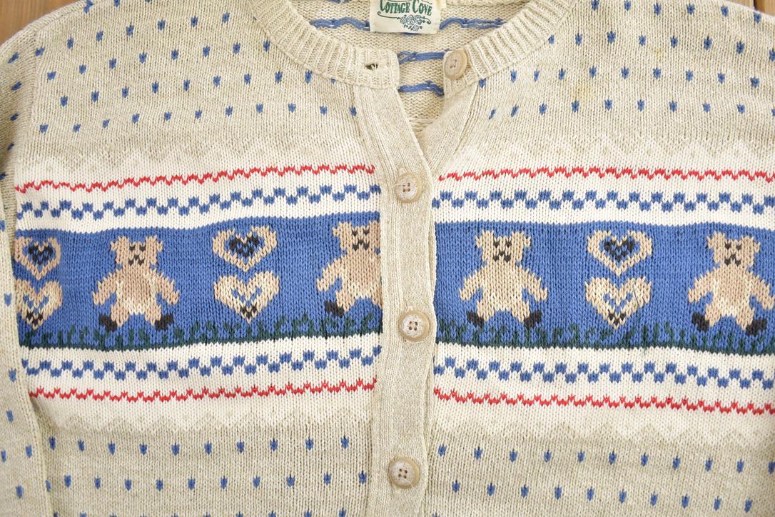 Vintage 1990s Cottage Cove Button Up All Over Print Heart And Bear Knit Crewneck Sweater