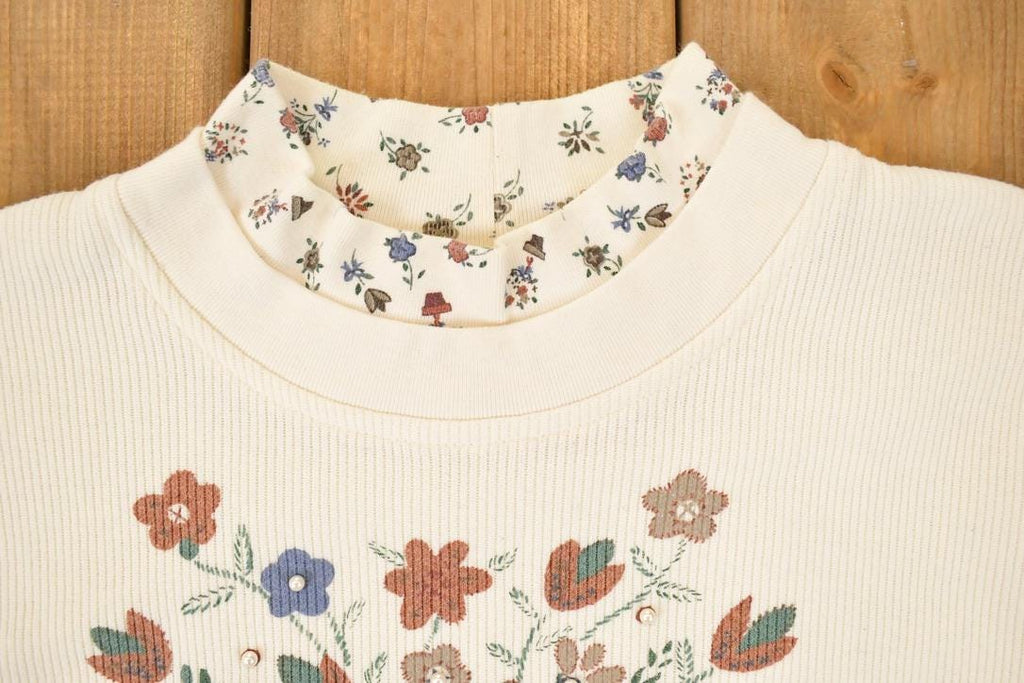Vintage 1990s Teddi Double Collar Floral Graphic Print Crewneck Sweatshirt Womens L