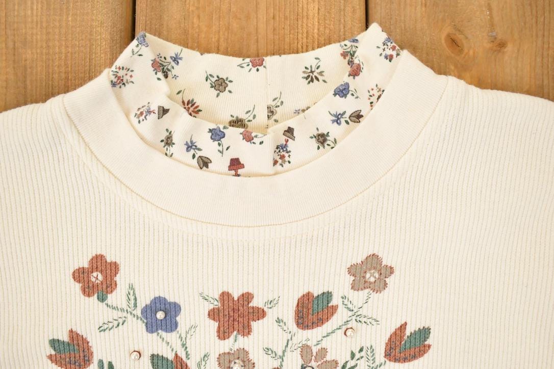 Vintage 1990s Teddi Double Collar Floral Graphic Print Crewneck Sweatshirt Womens L