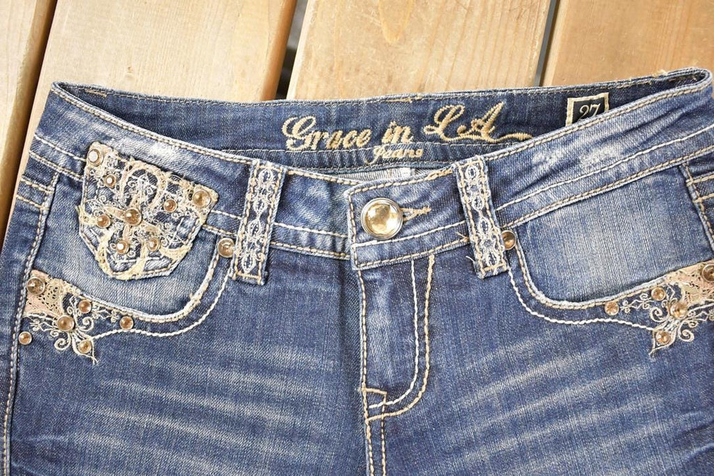 Vintage Deadstock Y2K Grace In LA Bedazzled Bootcut Low Rise Jeans Women's Size 27 x 32