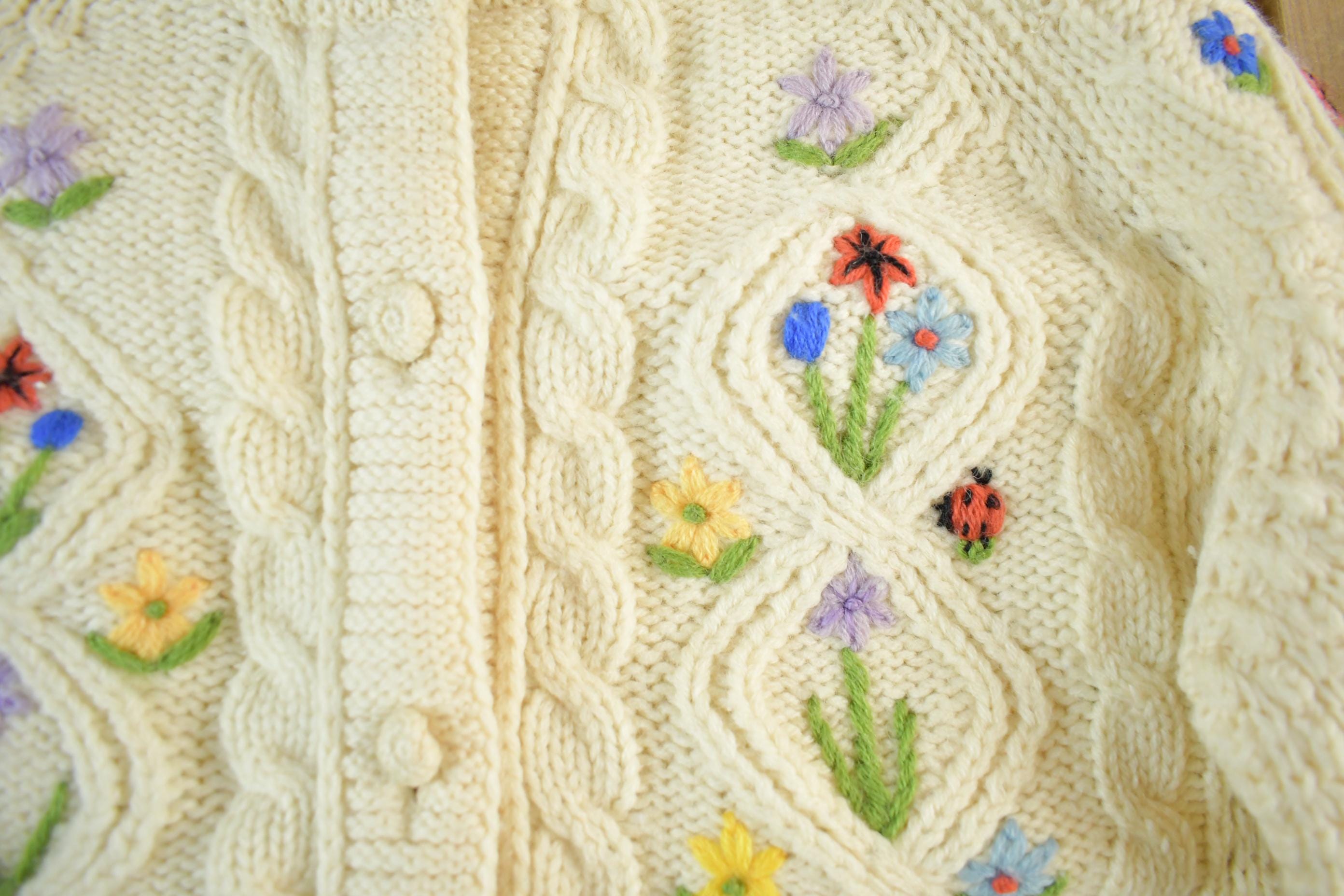 Vintage 1980s Floral Knit Cardigan Sweater Women's Medium