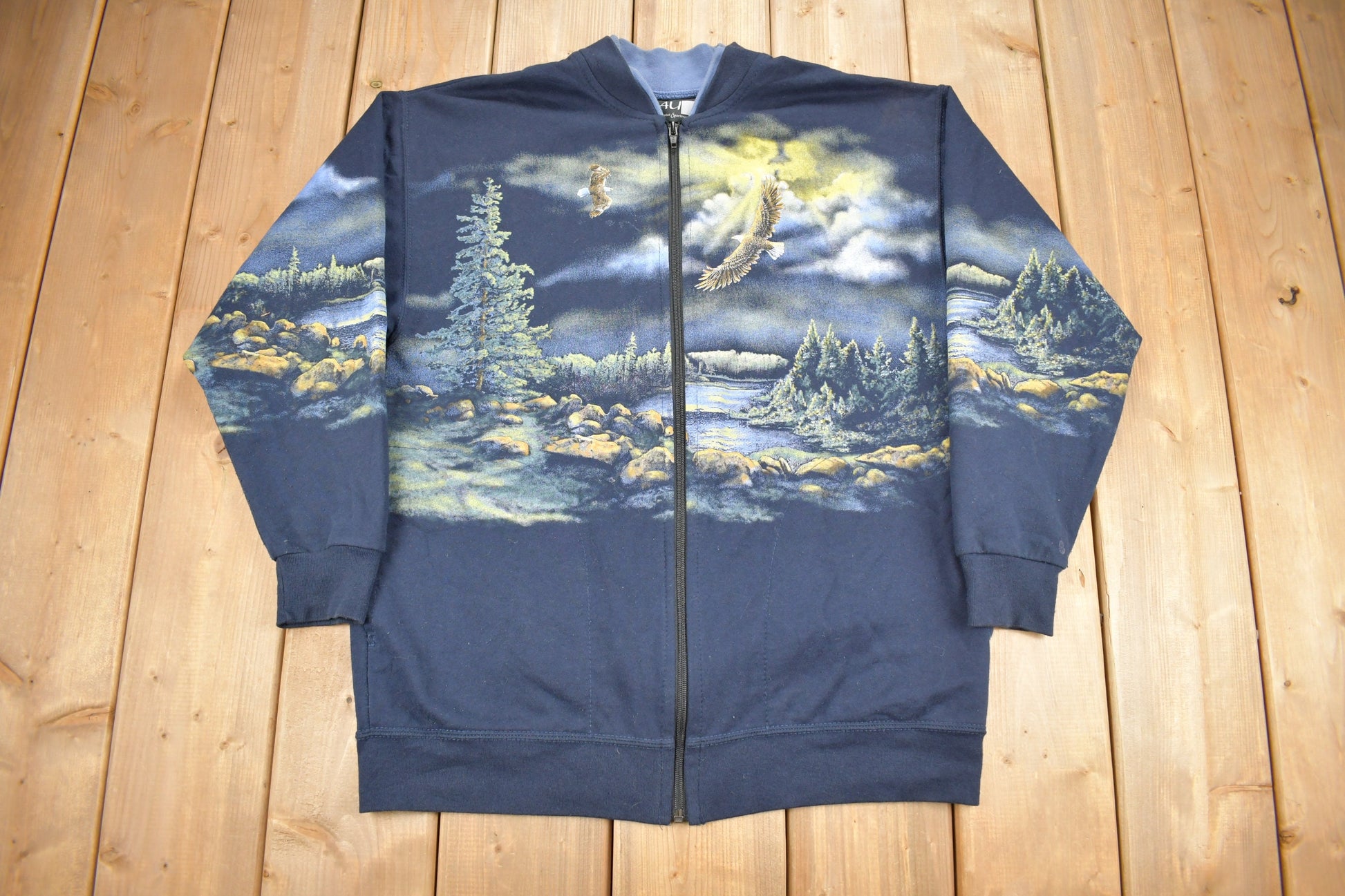 Vintage 1990s Bald Eagle Theme All Over Print Zip Up Sweater / Outdoorsman / Grandpa Sweater / Made In USA / Art Unlimited