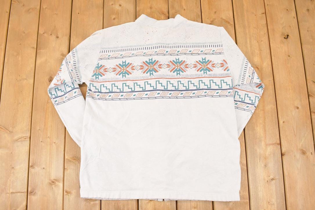 Vintage 1990s Art Unlimited Abstract AOP Graphic Print Button Up Crewneck Sweatshirt Men's L / Made In USA / 90's Double Collar Sweater