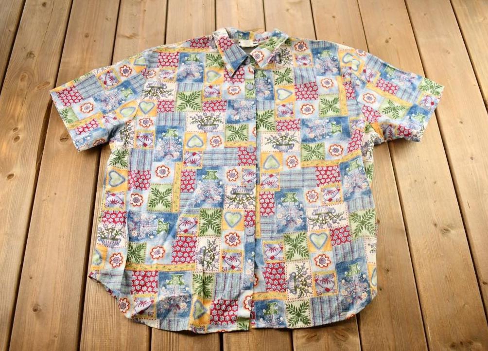 Vintage 2000s Women's Blouse Best Company Patchwork Quilt Style Button Up Shirt