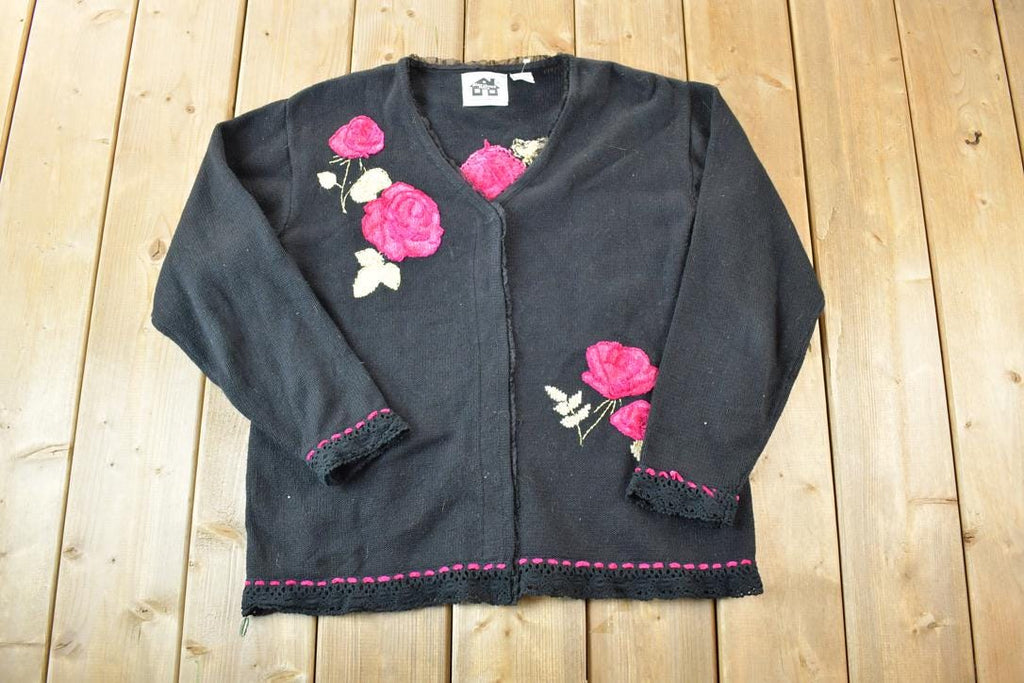 Vintage 1990s Storybook Knits Floral Embroidered Knit Perfect Mild Distress Cardigan Sweater Made In USA