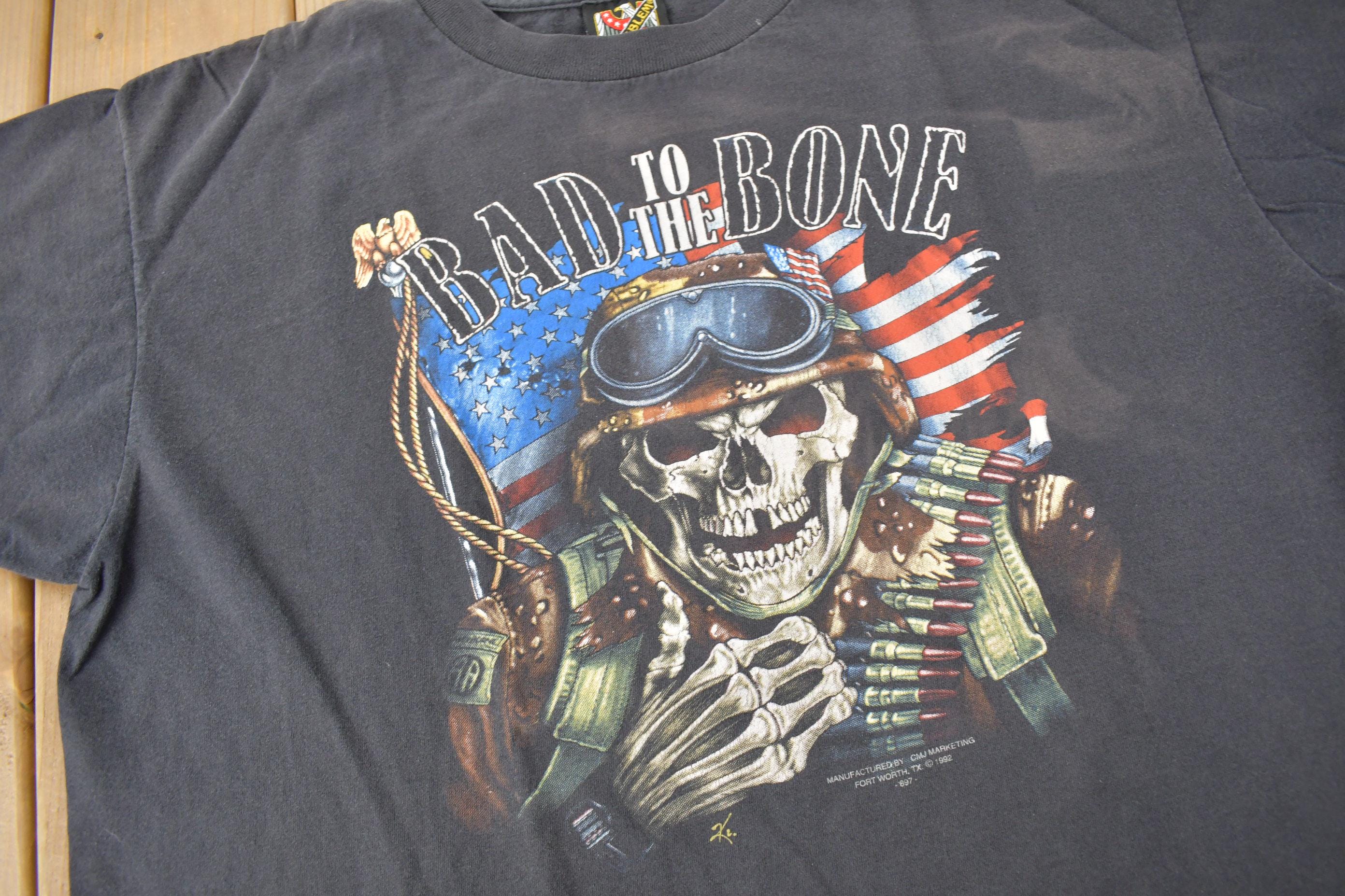 Vintage 1992 Bad To The Bone Single Stitch 3D Emblem T-Shirt Made In USA Size XL