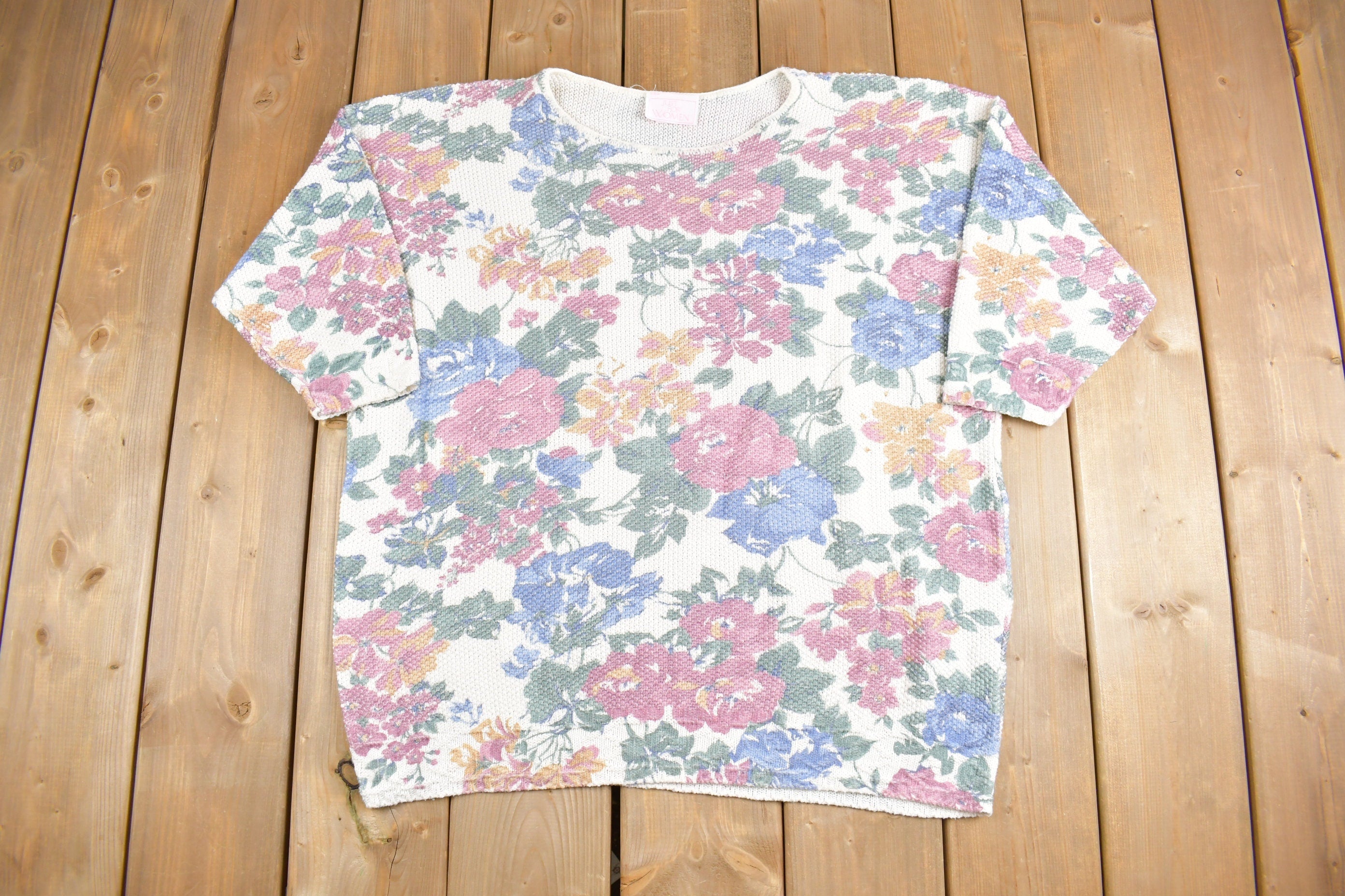Vintage 1980s Just For Women Floral Waffle Knit Thermal Crewneck
