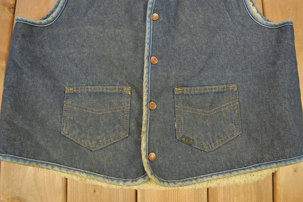 Vintage 1980s Roebucks By Sears Fleece Lined Denim Button Up Vest