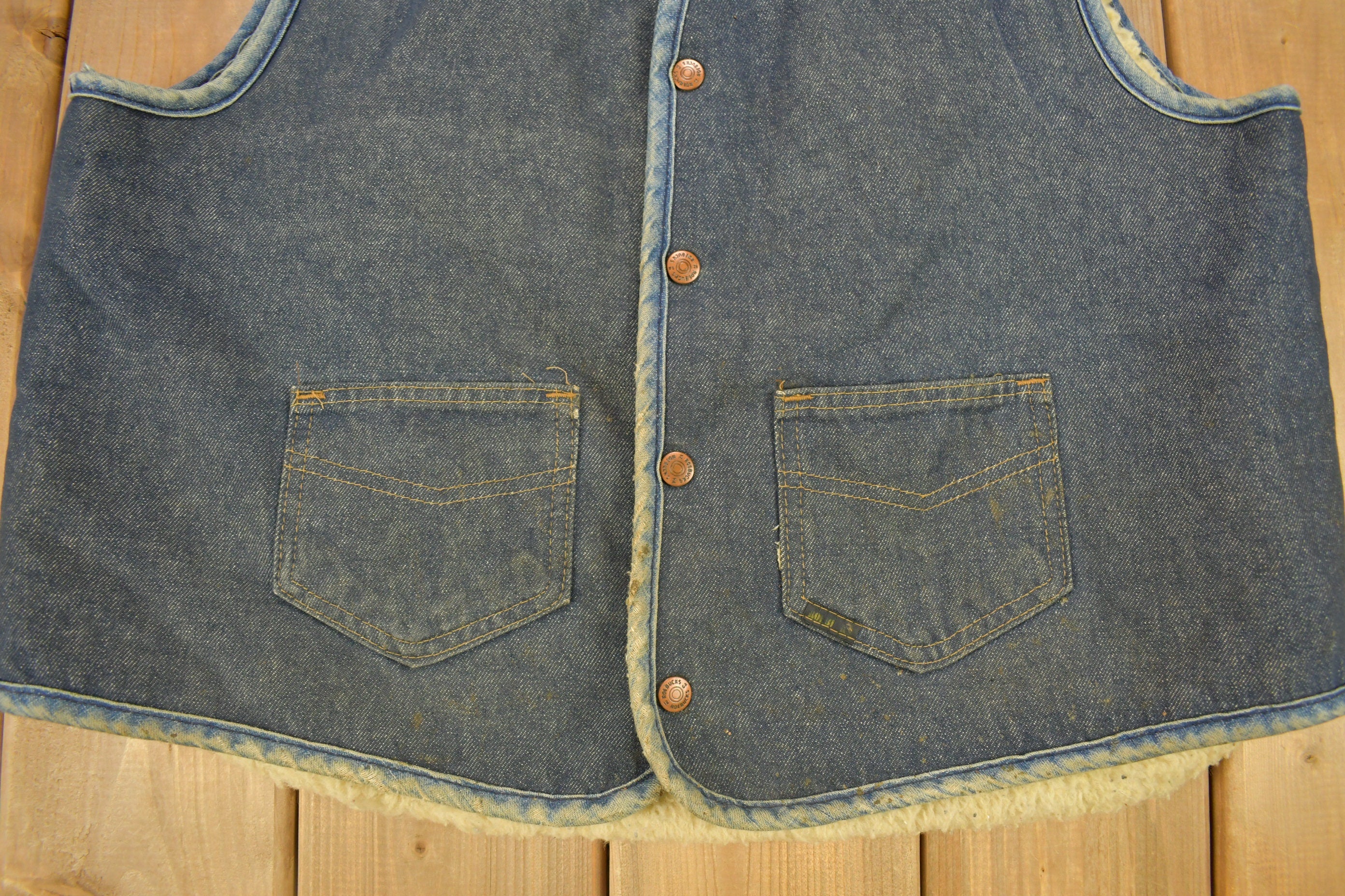 Vintage 1980s Roebucks By Sears Fleece Lined Denim Button Up Vest