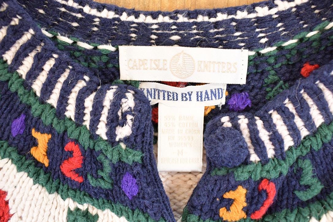 Vintage 1990s Cape Isle Knitters Apple Hand Knit Cardigan Sweater Women's L