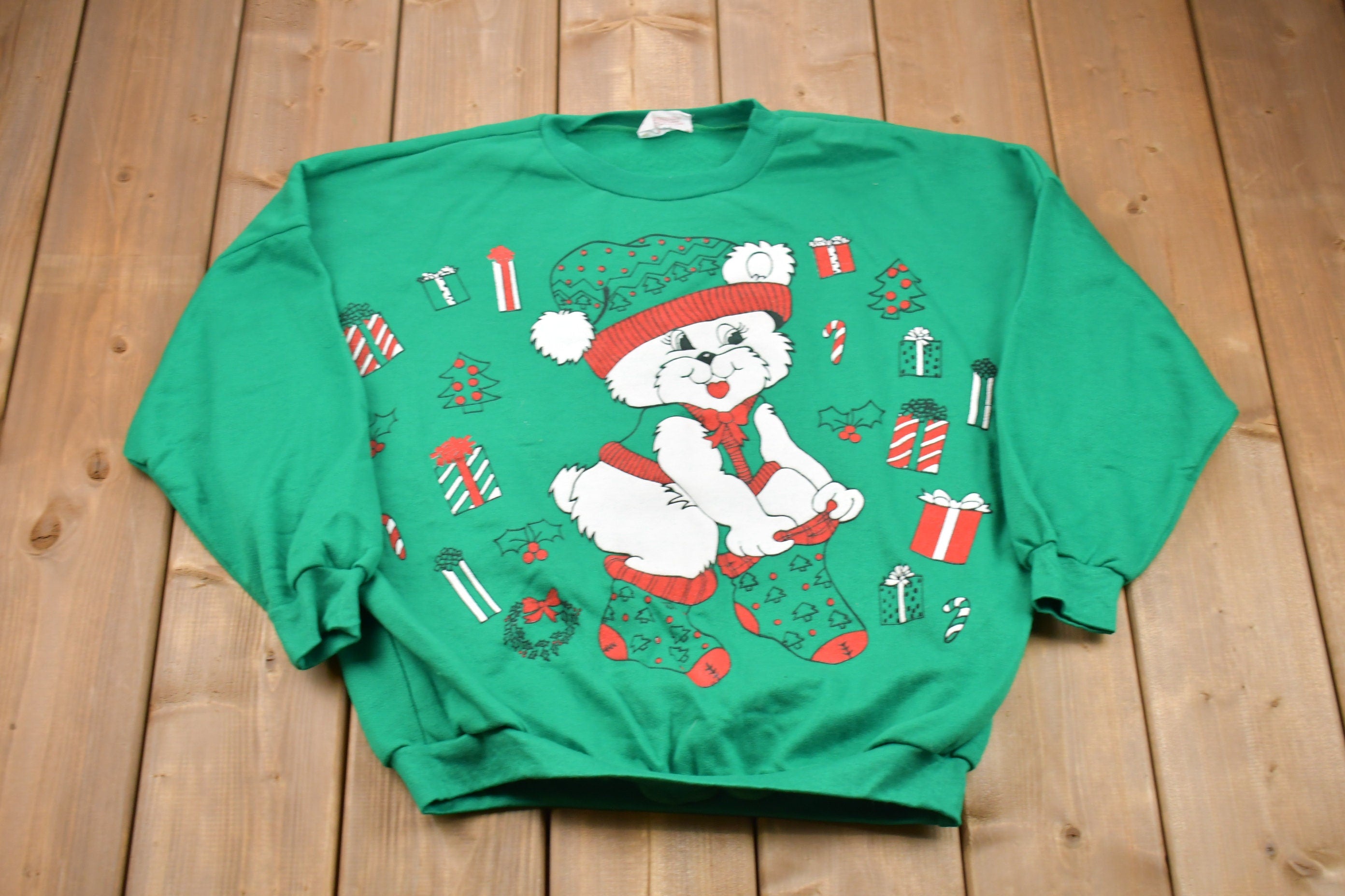 Vintage 1990s Cute Bear Christmas Sweater , 90s Holiday Crewneck , Winter Wear , Festive Graphic Print