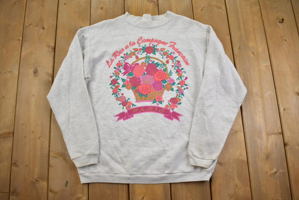 Vintage 1990s Cute Grandma Style Flower Basket Print Crewneck Sweater Made In USA
