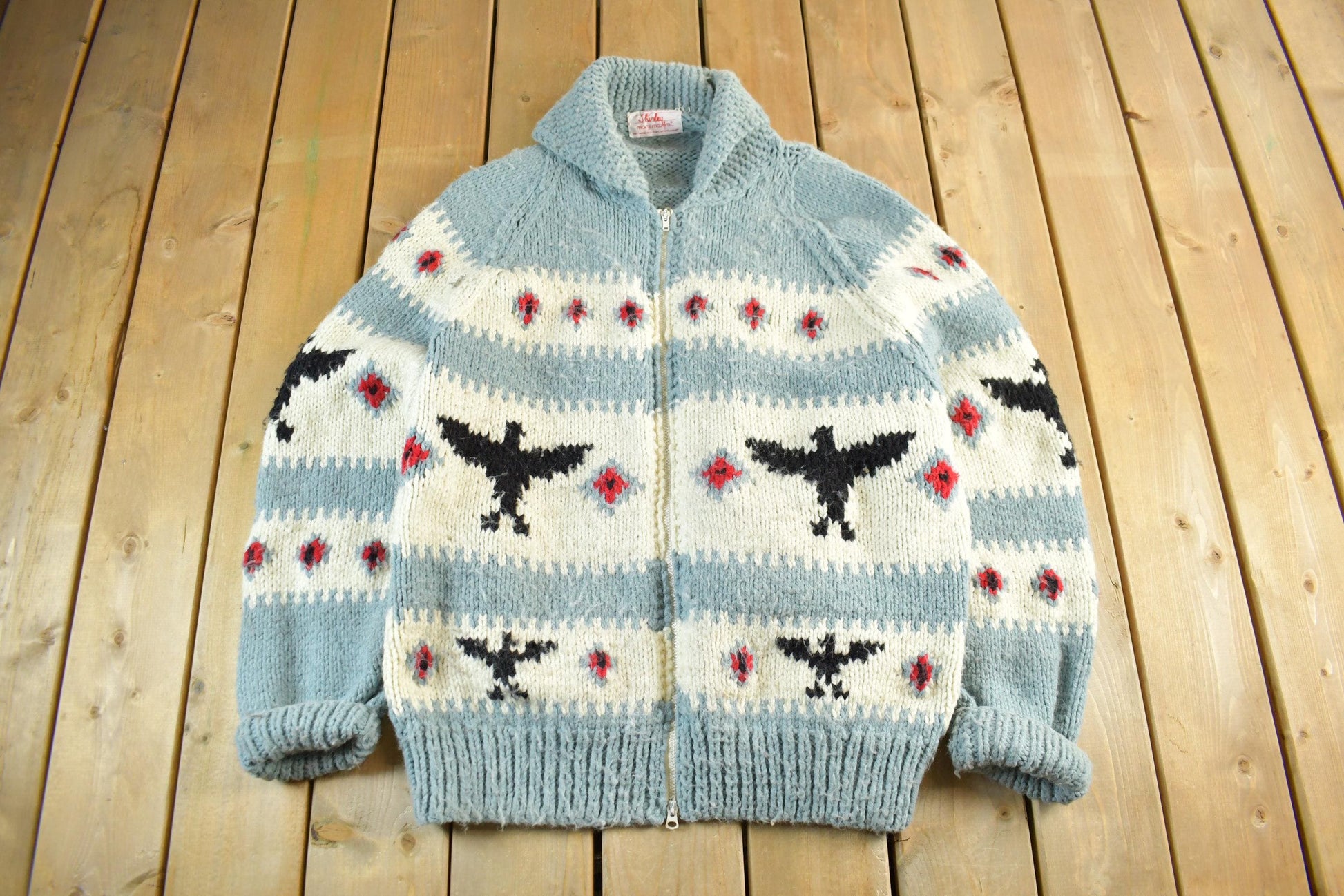 Vintage 1960s Cowichan Hand Knit Shawl Collar Zip Up Sweater Men's 2XL