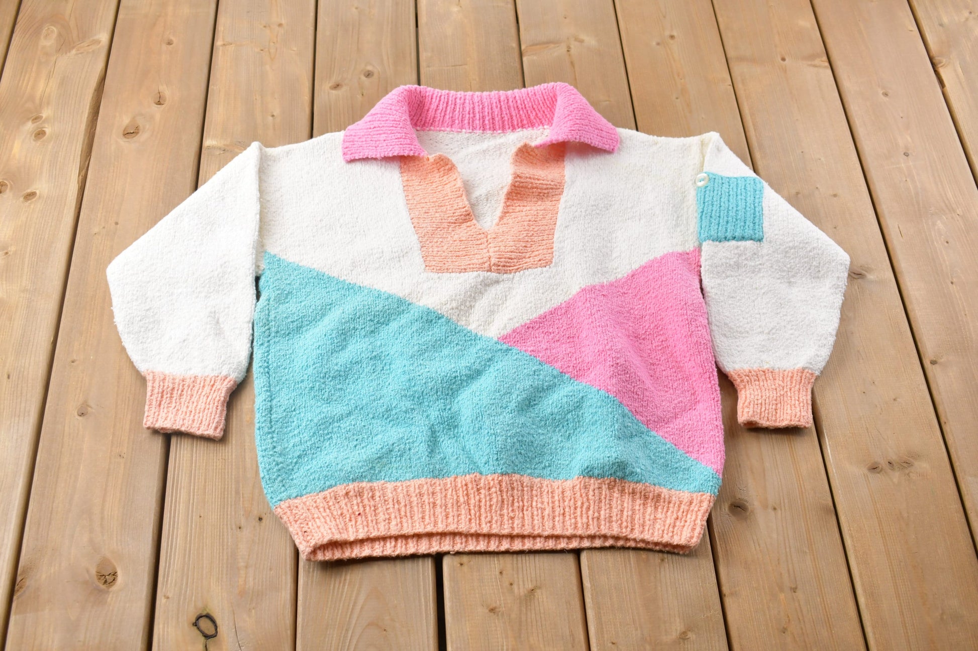 Vintage 1980s Abstract Colour Block Knitted Collared Sweater