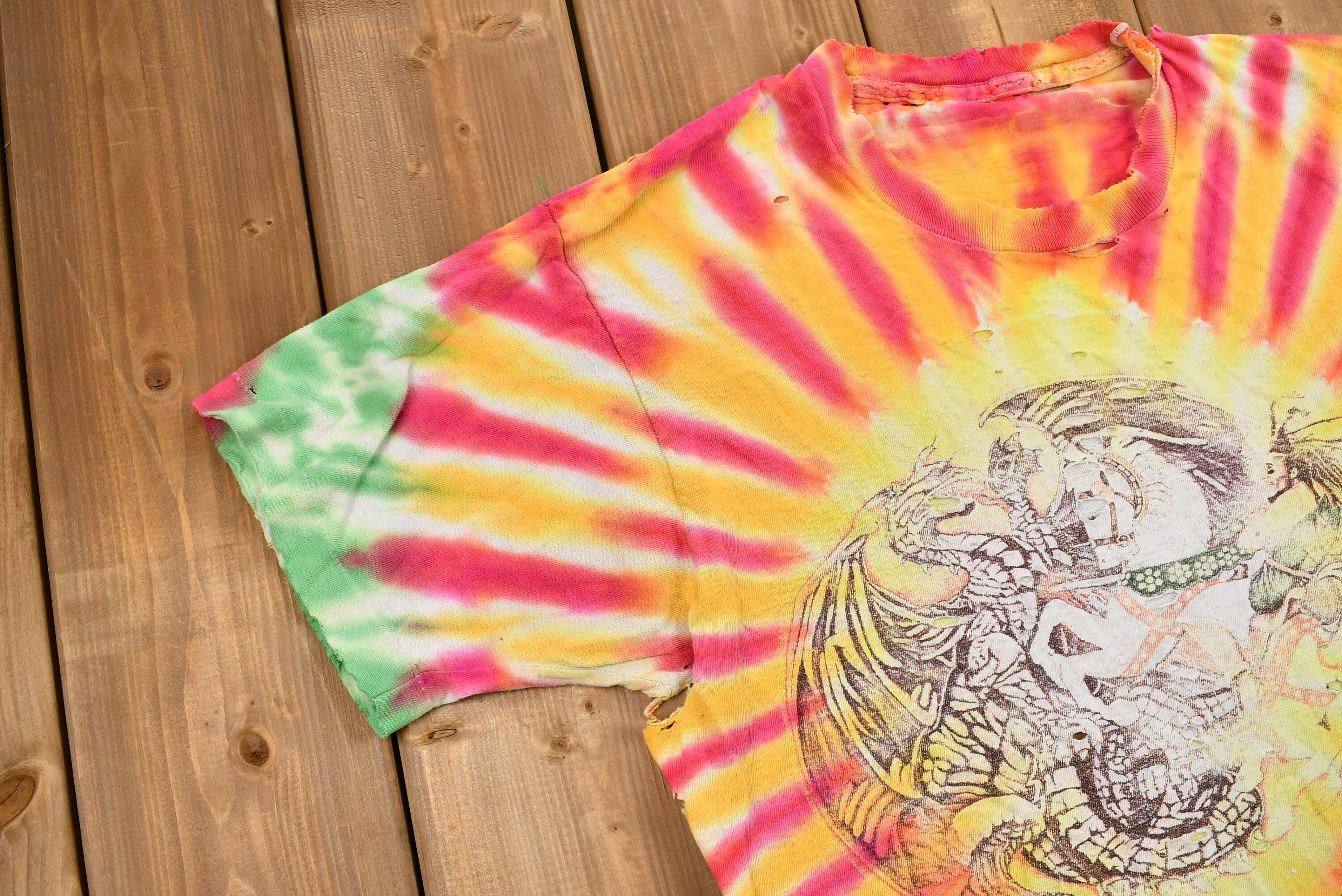 Vintage Early 1990s Thrashed Bob Marley Confrontation Tie Dye T-Shirt