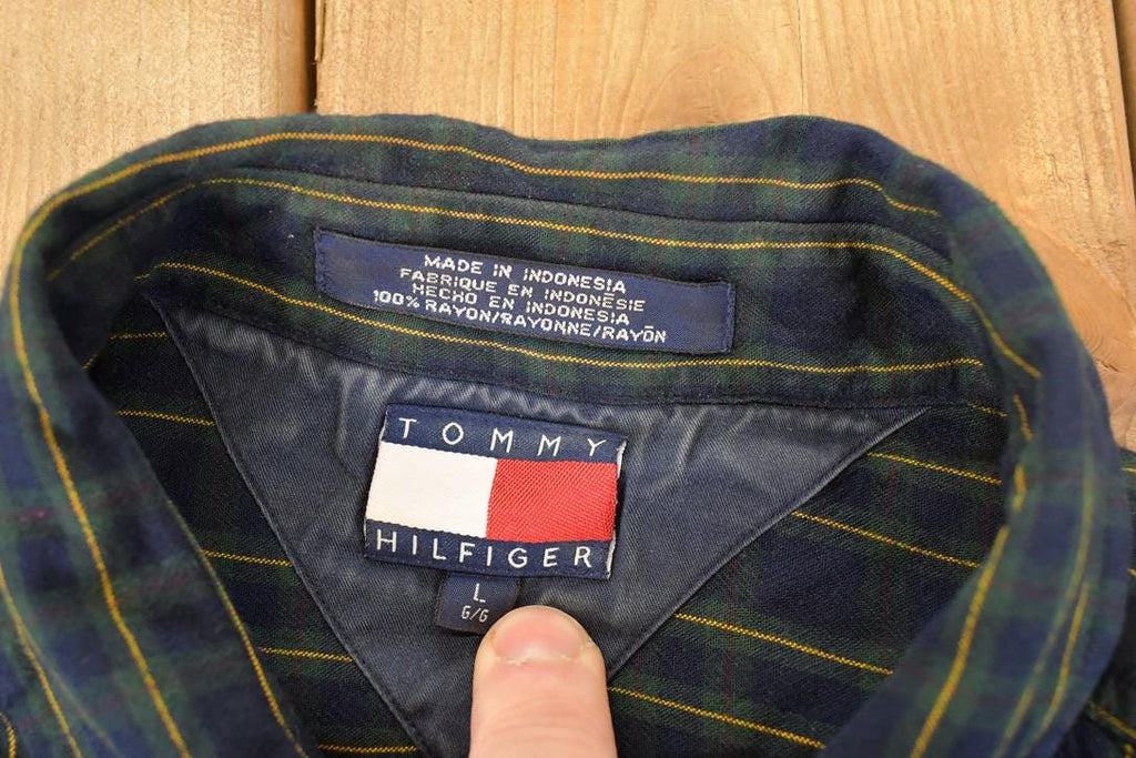 Vintage 1990s Tommy Hilfiger Plaid Button Up Shirt Men's L  Funky Crazy Pattern  Preppy Style  Boxy Fit