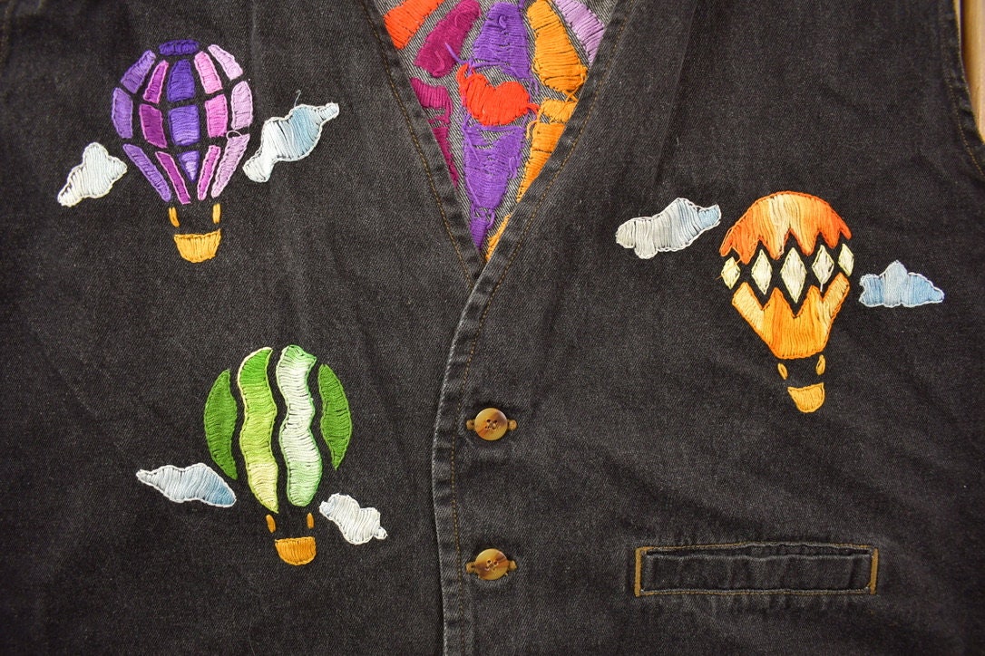 Vintage 1990s Arizona Jean Company Hot Air Balloon Embroidered Denim Vest