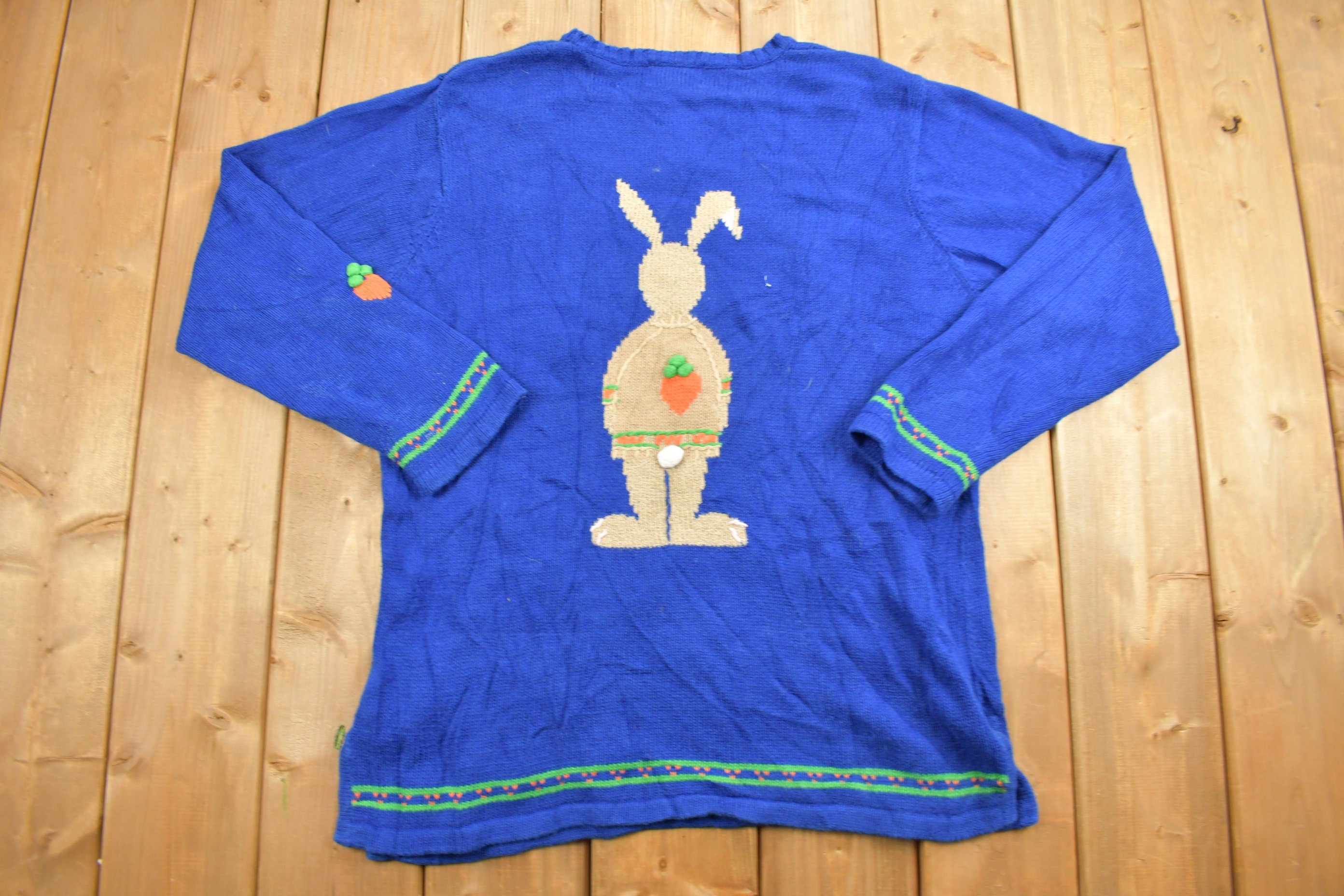 Vintage 1990s Easter Bunny Knitted Christmas Sweater  90s Holiday Crewneck  Winter Wear  Double Sided  Cute  Funny  Holiday Theme