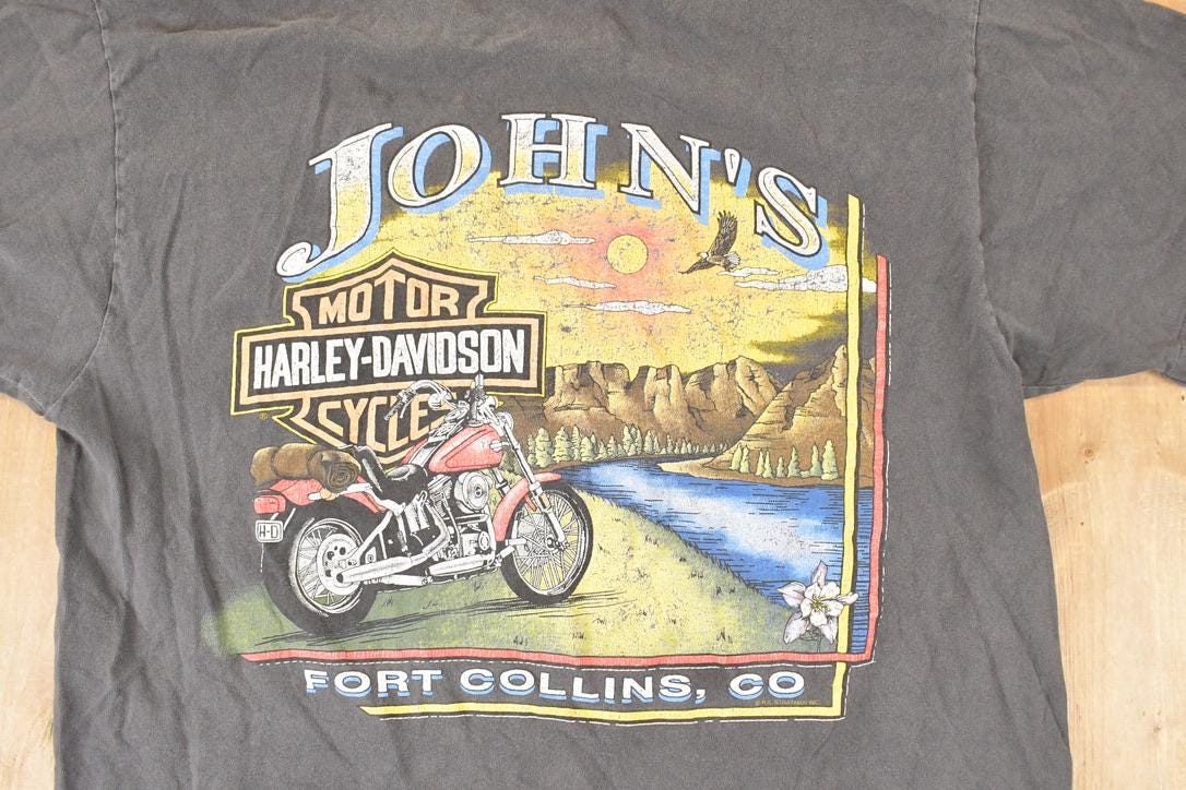 Vintage 1990s John's Fort Collins Harley Davidson Motorcycles Biker T-Shirt Men's M