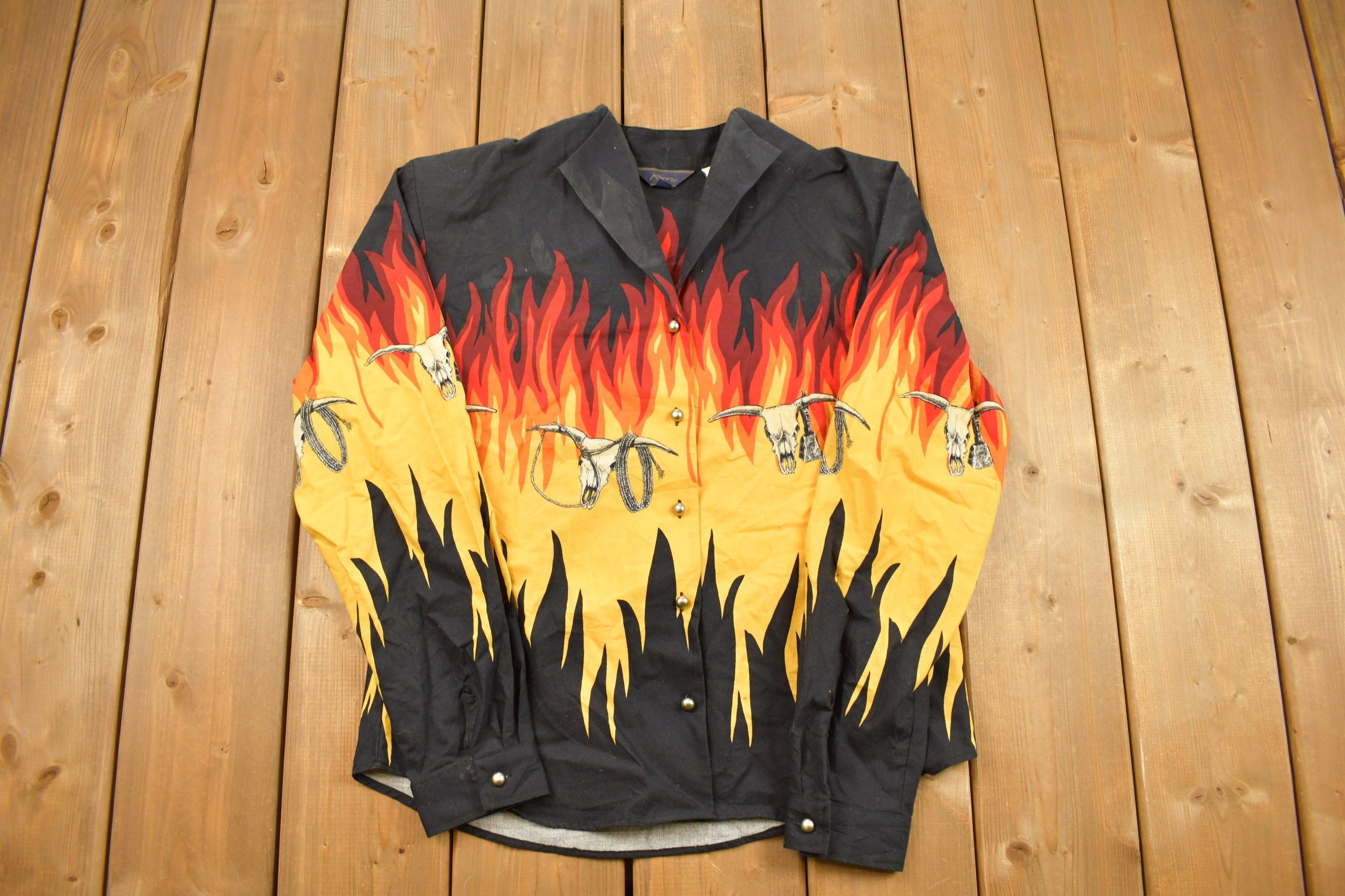 Vintage 1990s Flames and Skulls Roper Button Up Shirt