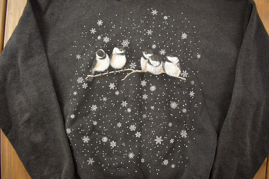 Vintage 1990s Day Break Winter Birds Crewneck Sweatshirt Built In Collar / 90s Crewneck Made In USA / Streetwear / Graphic Print /