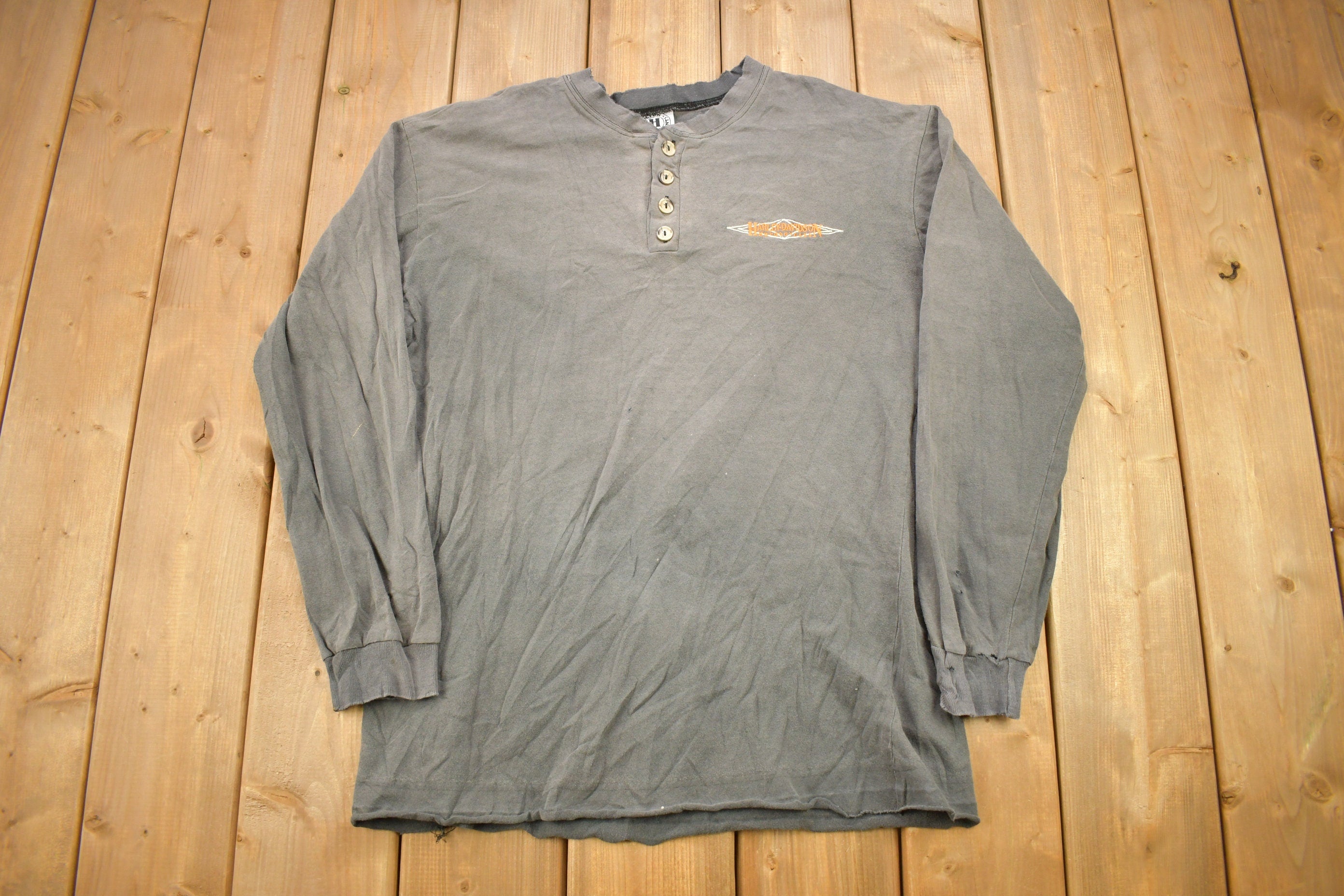 Vintage 1990s Harley Davidson Motorcycles Sarnia Ontario Long Sleeve Henley T-Shirt