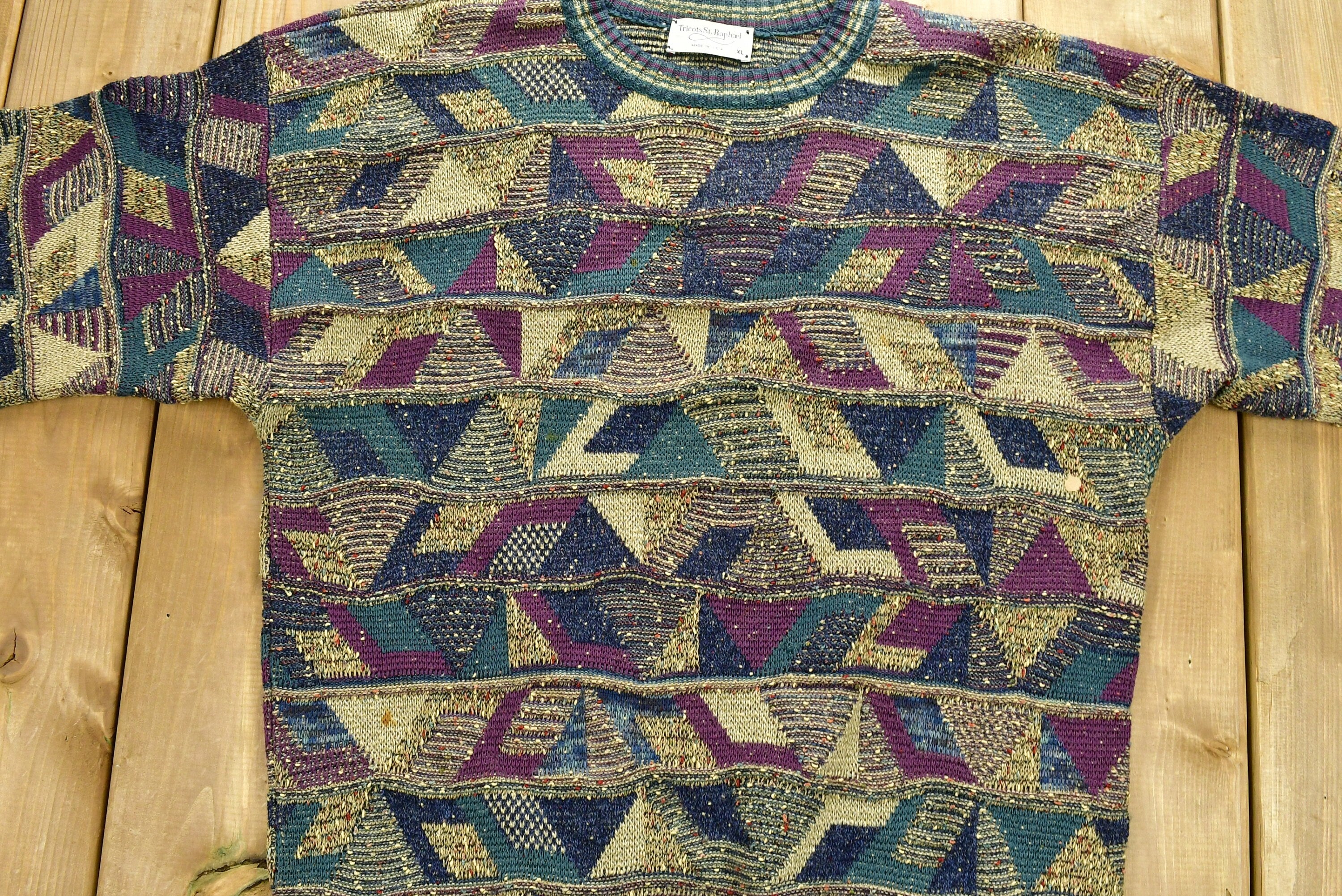 Vintage 1990s Tricots St. Raphael's Color Block Knitted Sweater  Vintage 90s Crewneck  All Over Pattern  Outdoor  Made In USA
