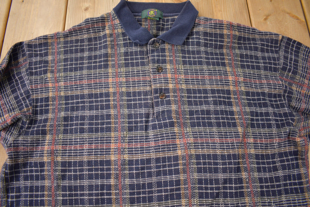 Vintage 1990s Club Room Quarter Button Plaid Collared Crewneck Sweatshirt Size M