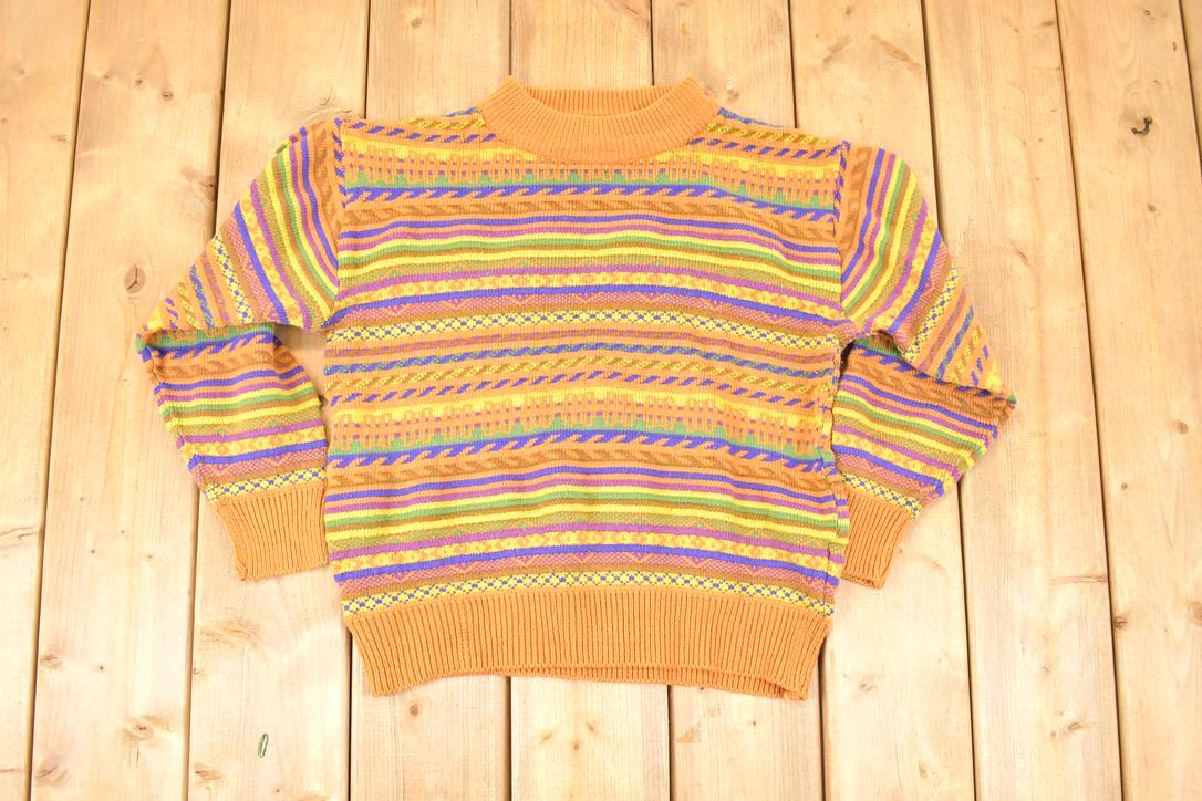 Vintage 1990s Jean Cox Striped Knit Crewneck Sweater Women's L