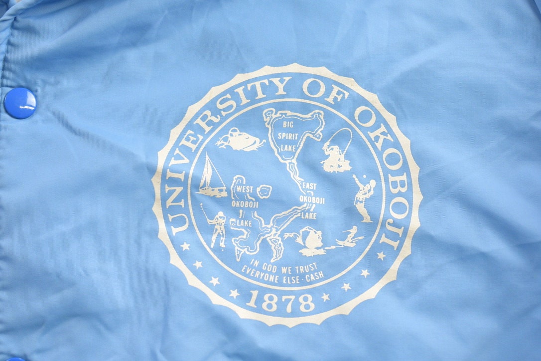 Vintage 1970s University Of Okoboji Satin Bomber Jacket Streetwear Souvenir Jacket