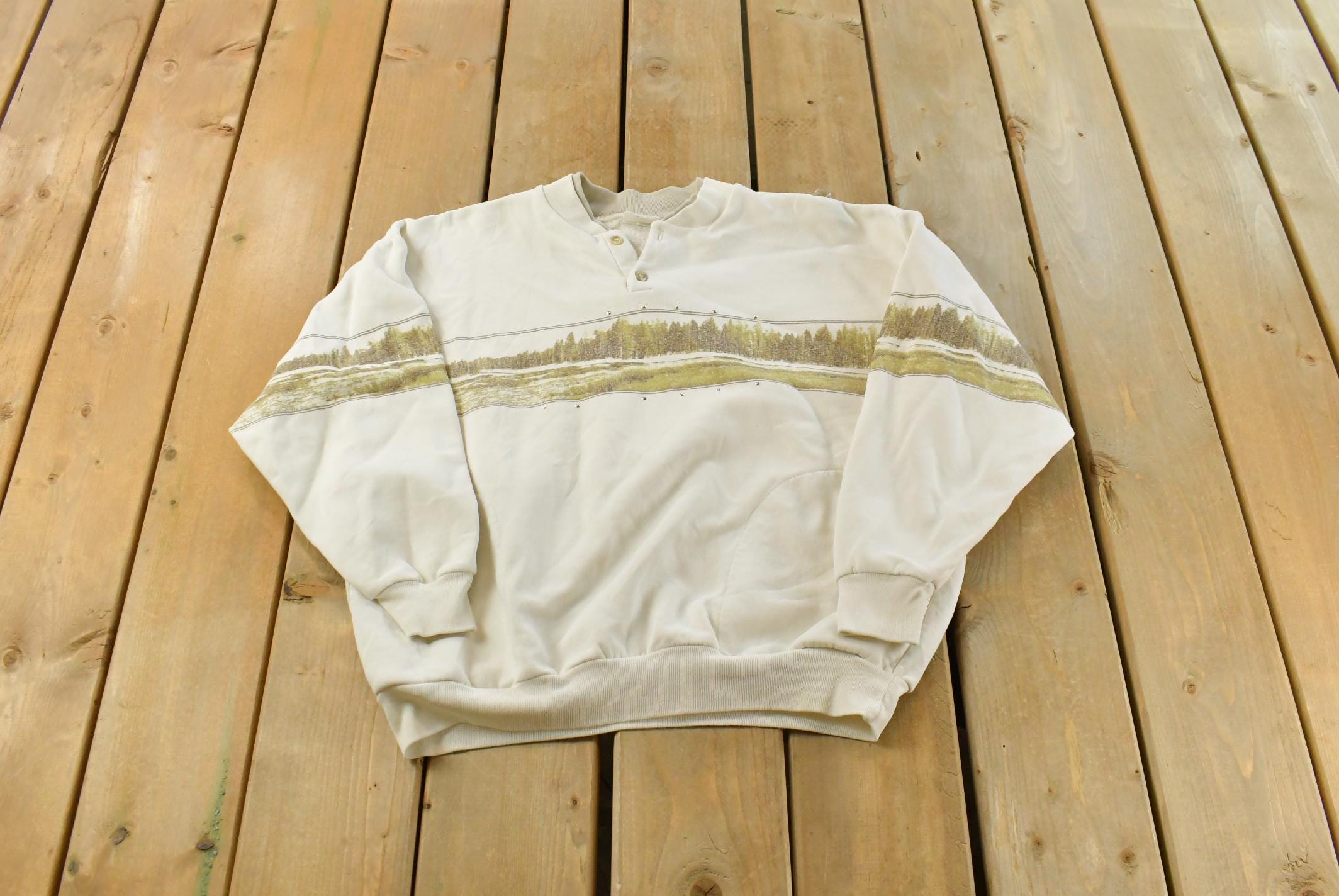Vintage 1990's Forest Print Henley Sweatshirt – All Over Nature Wildlife Trees