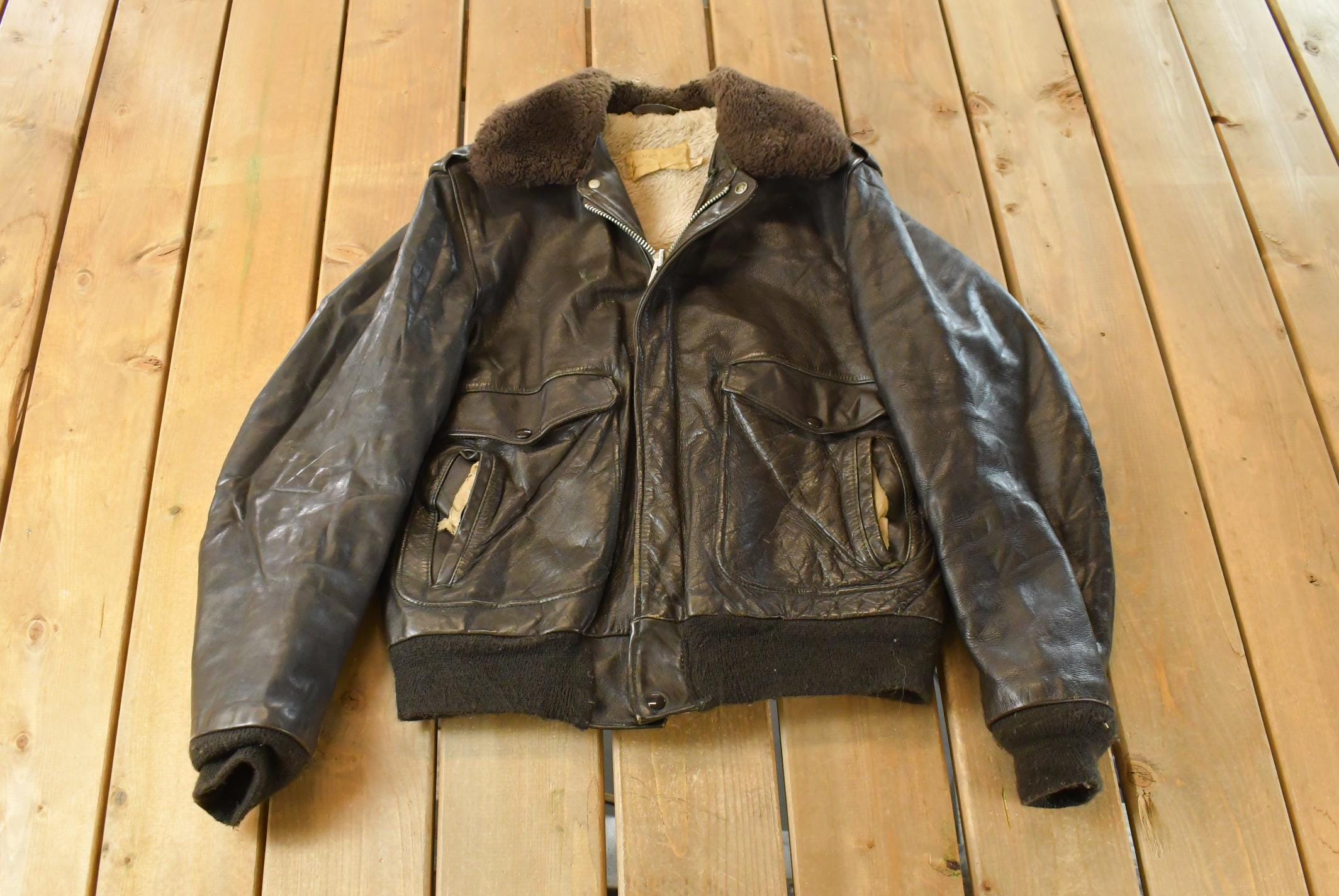 Vintage 1960s Schott GI-A2-M Black Leather Flight Jacket Men's 44 /